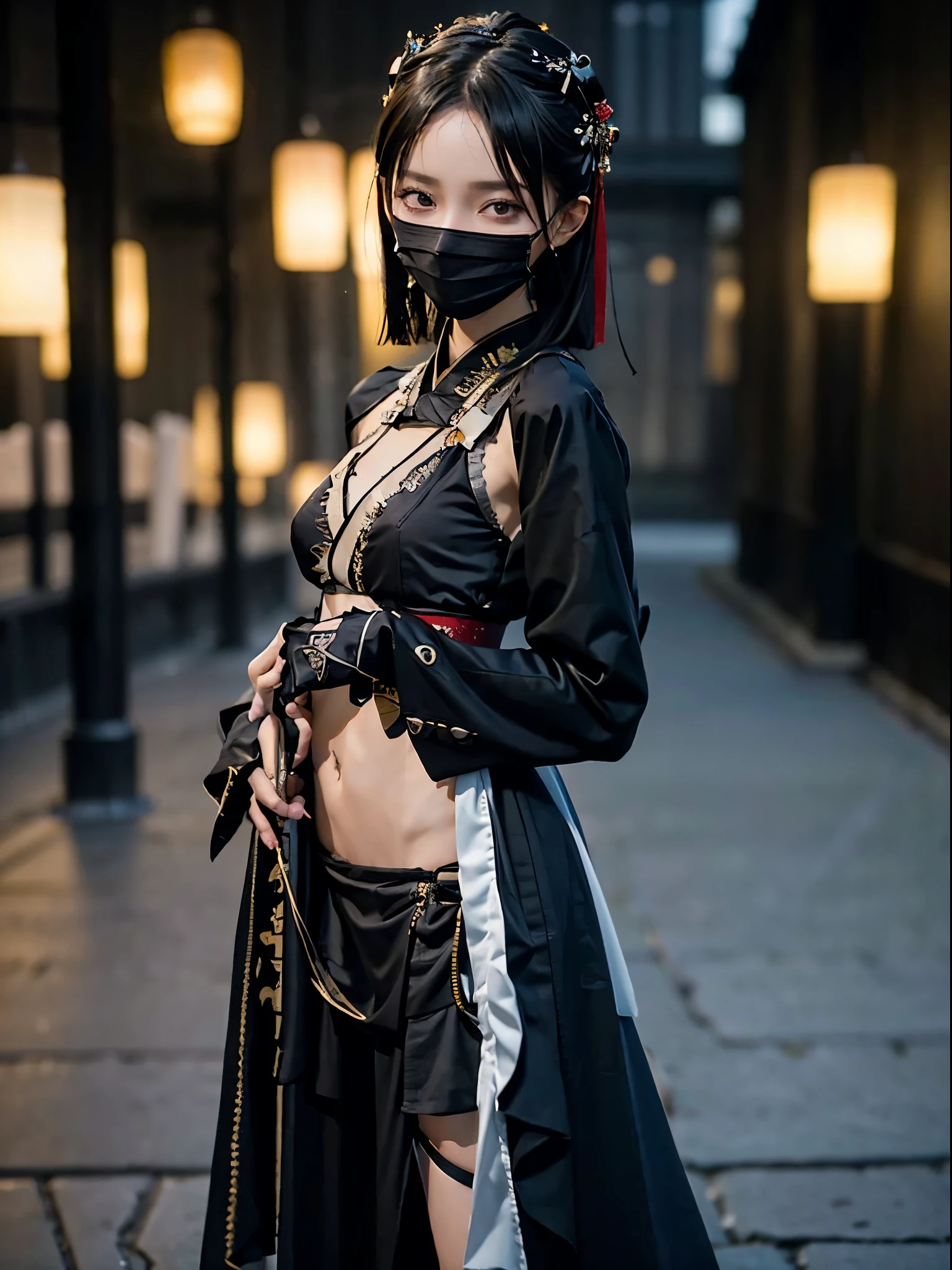 4k,8k,extreme quality, 1girl, solo, skinny, slender body, ((wear black_mask)),army_hanfu_suit, assassin, ninja, ****ta fashion, navel open, shoulders open, short_hair, upper_body, blurry_urban_background, from side,