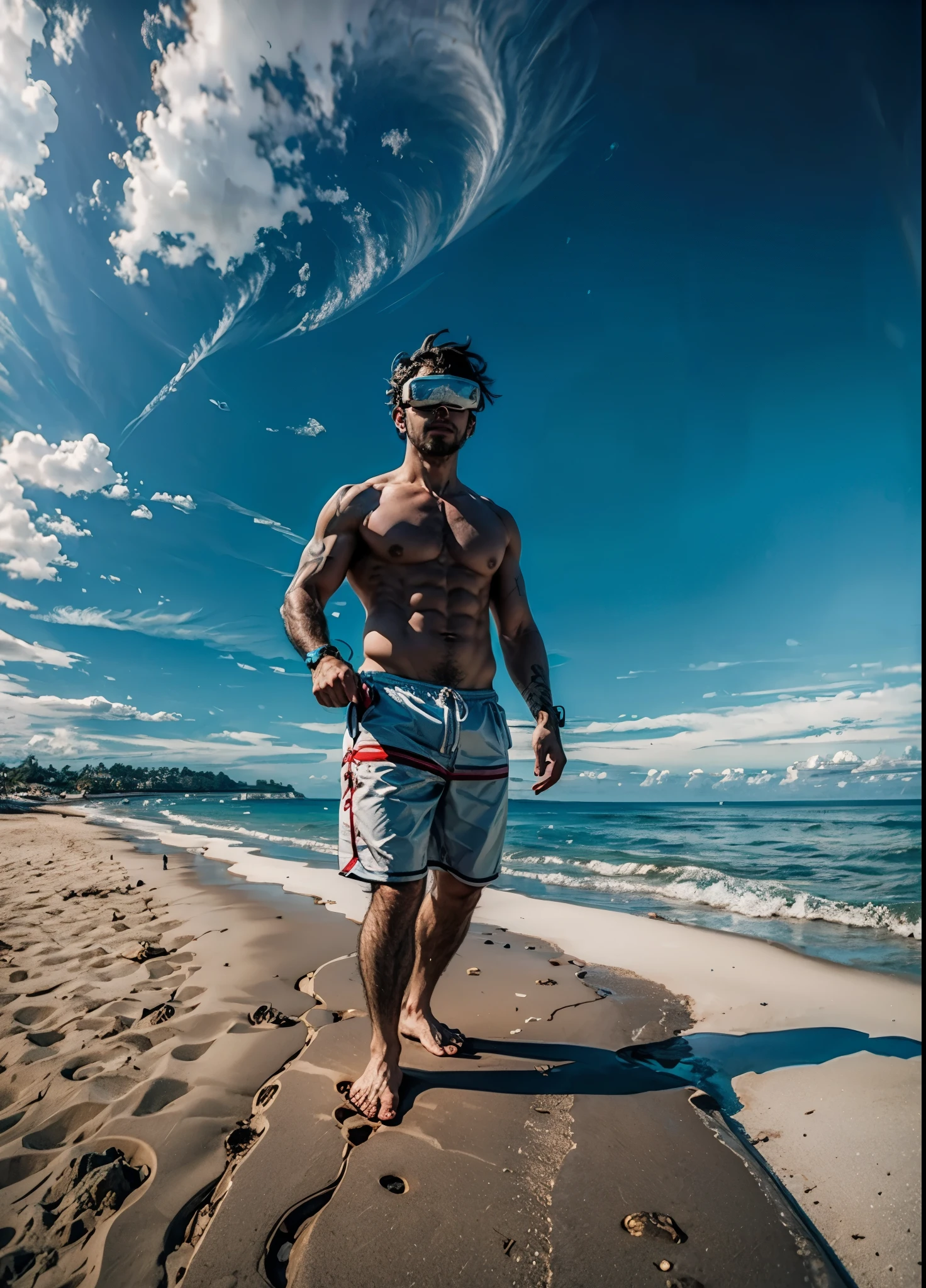 there is a man walking on the beach with a virtual reality on his head, standing at the beach, centered full-body shot, at a tropical beach, wide angle full body, shot on gopro9, posing on a beach with the ocean, taken on go pro hero8, centered full body shot, standing on a beach, in the beach, shade glasses, selfie stick photo 