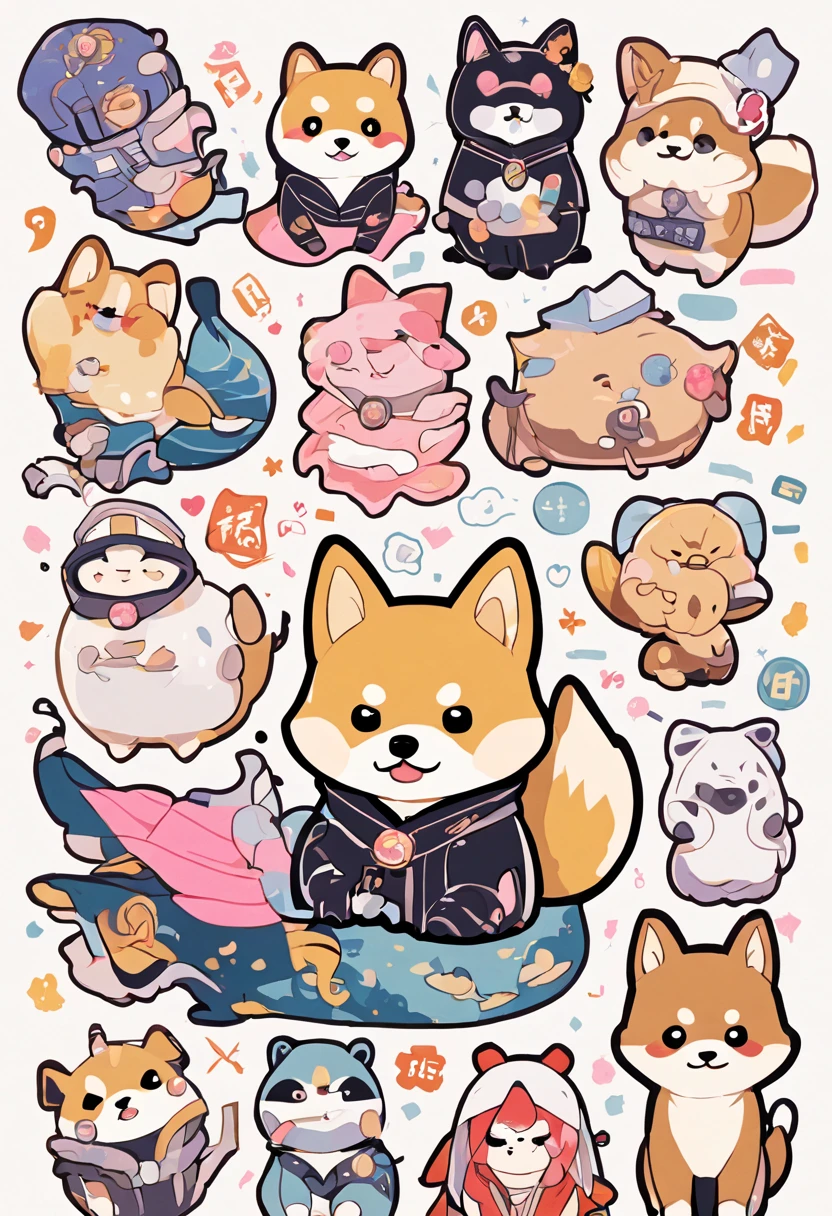 masterpiece, 1 boy, there are many different animals and words written in chinese, hand painted cartoon art style, art cover, kawaii cutest sticker ever, sticker illustration, by Shiba Kōkan, by Kōno Michisei, cute features, 中 元 节, by Gusukuma Seihō, stickers illustrations, cute characters, scifi
