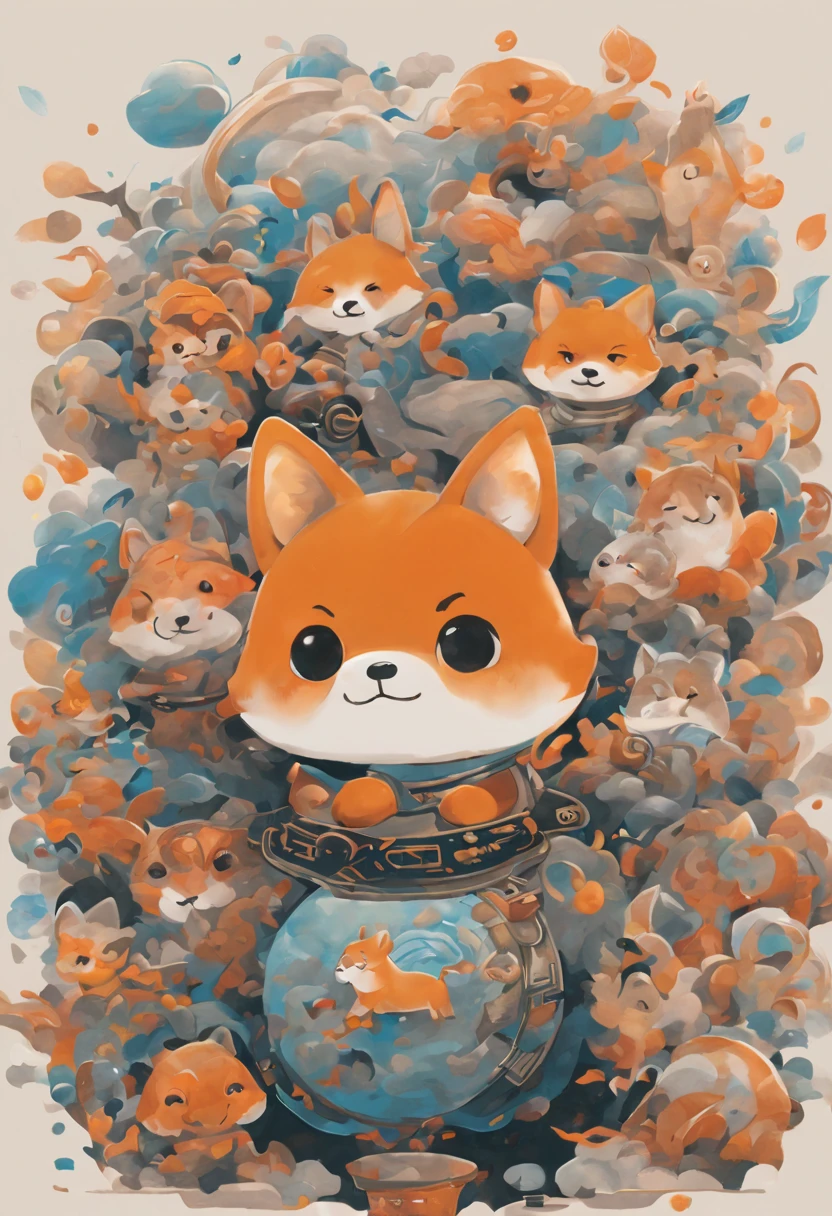 masterpiece, 1 boy, there are many different animals and words written in chinese, hand painted cartoon art style, art cover, kawaii cutest sticker ever, sticker illustration, by Shiba Kōkan, by Kōno Michisei, cute features, 中 元 节, by Gusukuma Seihō, stickers illustrations, cute characters, scifi