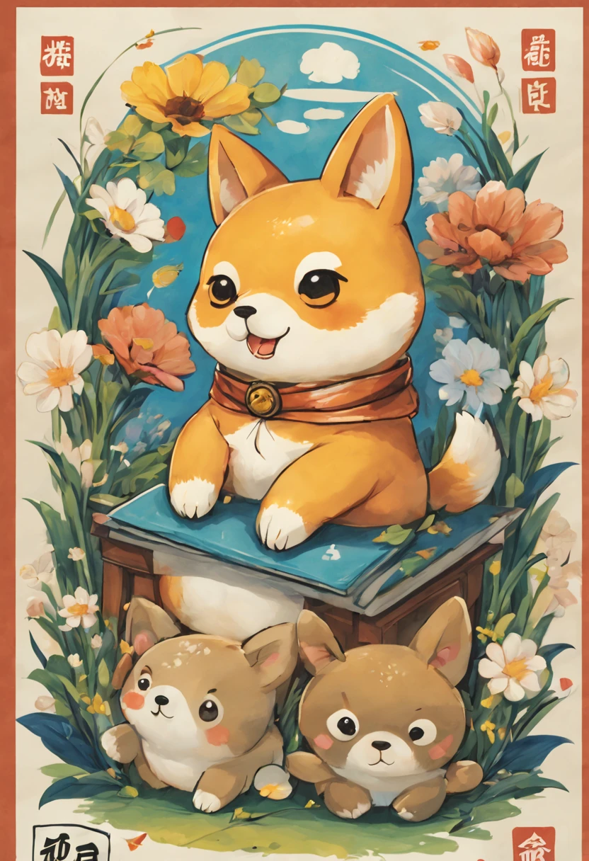 masterpiece, 1 boy, there are many different animals and words written in chinese, hand painted cartoon art style, art cover, kawaii cutest sticker ever, sticker illustration, by Shiba Kōkan, by Kōno Michisei, cute features, 中 元 节, by Gusukuma Seihō, stickers illustrations, cute characters, scifi