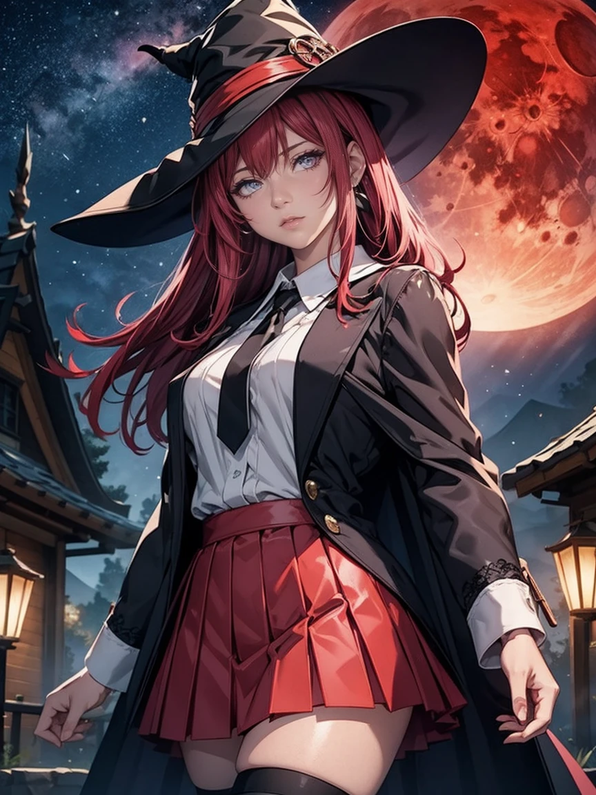 (((TakashiroHiroko, dark purple eyes), 1girls, solo, owl, witch hat, (dress shirt, white dress shirt), leather thigh-high boots, (black cloak), (pleated skirt, red skirt), night, (blood moon, starry sky), (cauldron), mana magic)), TakashiroHiroko, 1girl, mature woman, alone, cowboy shot, looking at viewer, blushing, dark purple eyes, long hair, red hair, earrings, jewelry