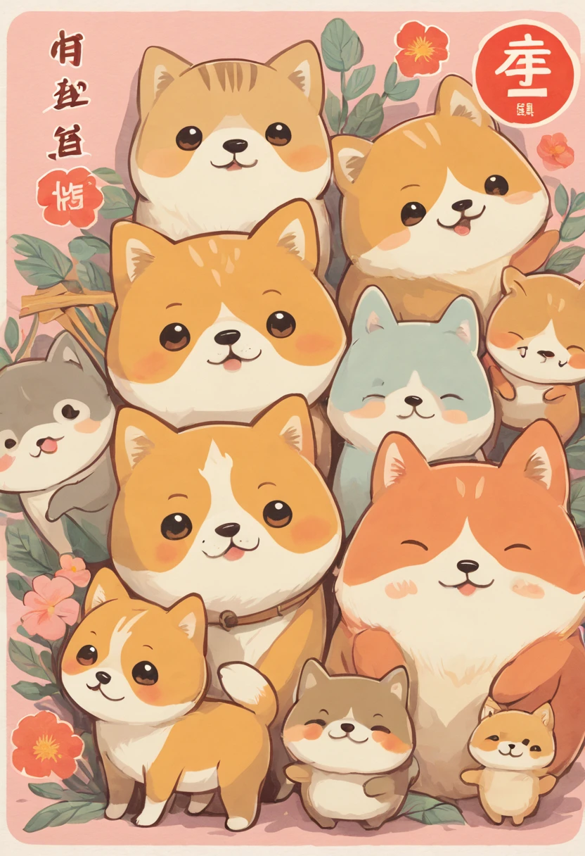 masterpiece, there are many different animals and words written in chinese, hand painted cartoon art style, art cover, kawaii cutest sticker ever, sticker illustration, by Shiba Kōkan, by Kōno Michisei, cute features, 中 元 节, by Gusukuma Seihō, stickers illustrations, cute characters
