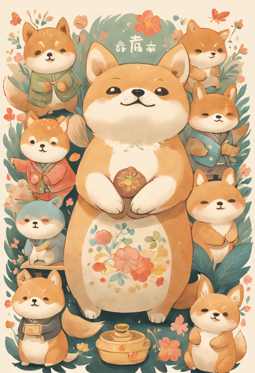 masterpiece, there are many different animals and words written in chinese, hand painted cartoon art style, art cover, kawaii cutest sticker ever, sticker illustration, by Shiba Kōkan, by Kōno Michisei, cute features, 中 元 节, by Gusukuma Seihō, stickers illustrations, cute characters

