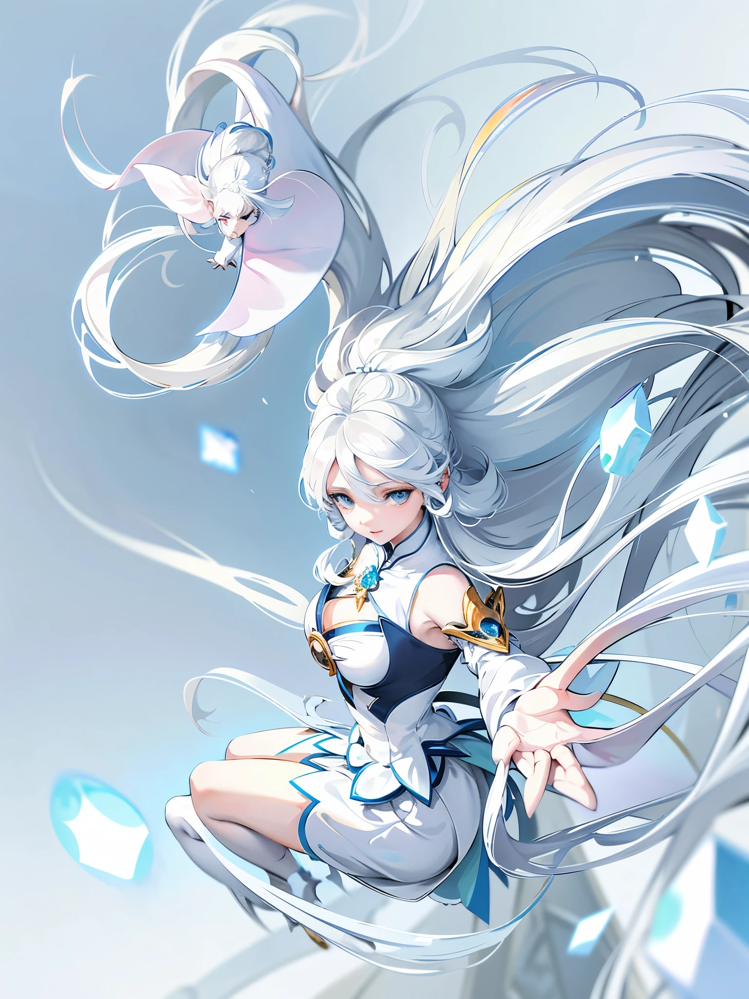Anime girl with long white hair and blue skirt in the snow, White-haired God, White hair floating in the air, Anime Fantasy Illustration, Flowing white hair, beautiful youth, Beautiful fantasy anime, shiny and flowing hair, Ethereal animation, Beautiful anime artwork, Beautiful digital artwork, anime fantasy artwork, ((beautiful fantasy queen)), 2. 5 d cgi anime fantasy artwork