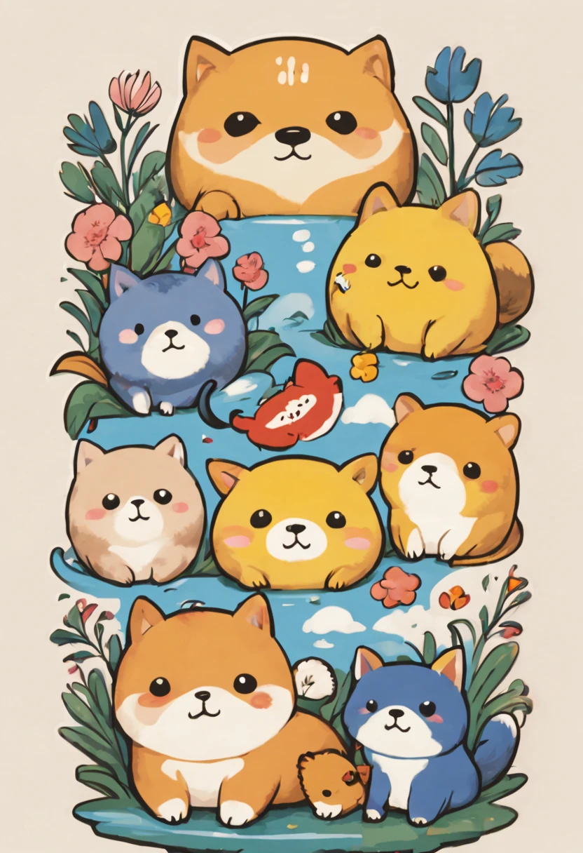 masterpiece, there are many different animals and words written in chinese, hand painted cartoon art style, art cover, kawaii cutest sticker ever, sticker illustration, by Shiba Kōkan, by Kōno Michisei, cute features, 中 元 节, by Gusukuma Seihō, stickers illustrations, cute characters
