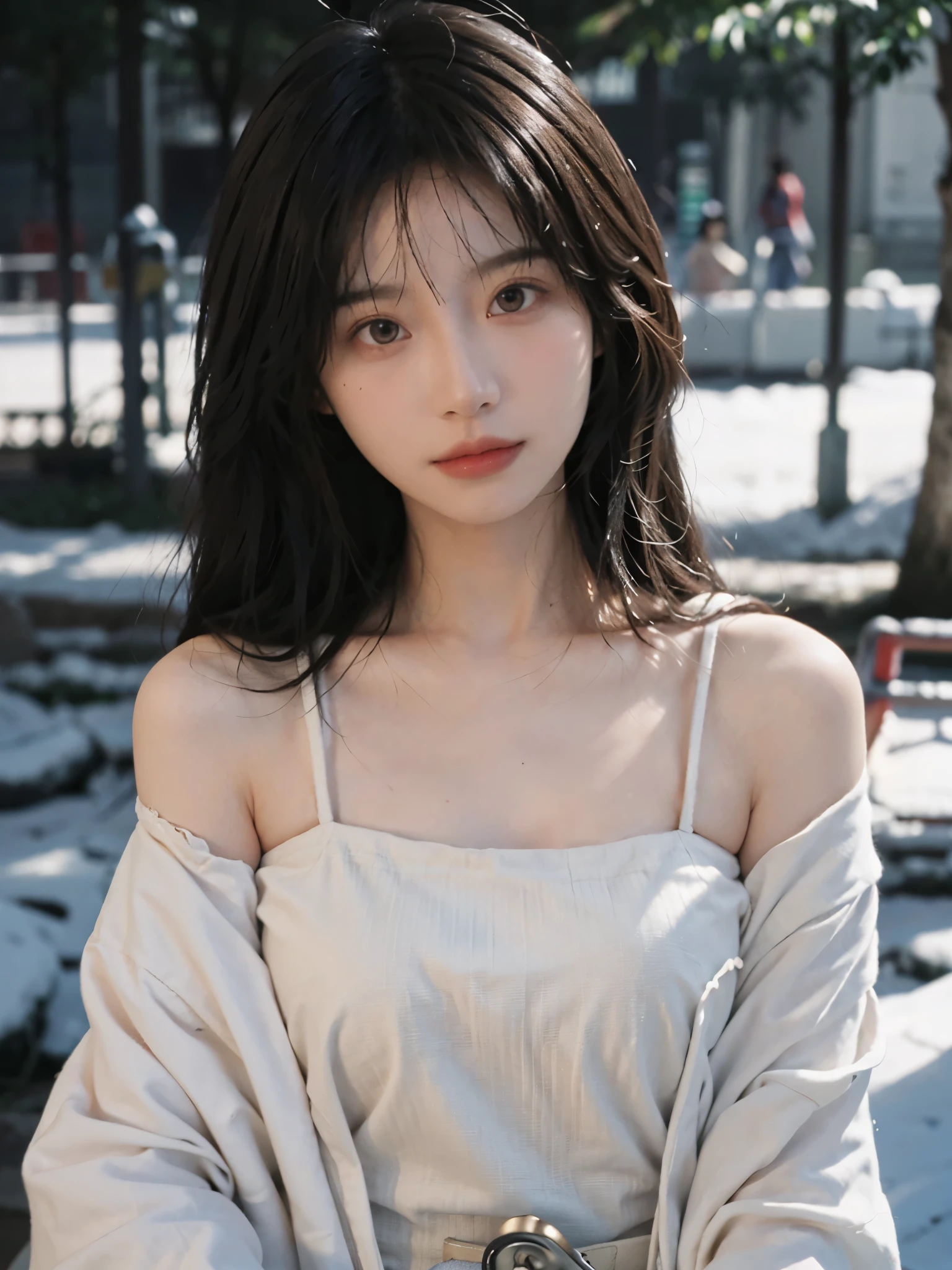 Film portrait photography, 2 girls, bare shoulders, Shoulder length wavy hair, white coat,Snow white sling, (Realistic and detailed eyes, natural skin texture, Realistic facial details),, depth of field, Bokeh, Vibrant details, Detailed and detailed, Surrealism, 35mm film, hazy, ,self-shot,
