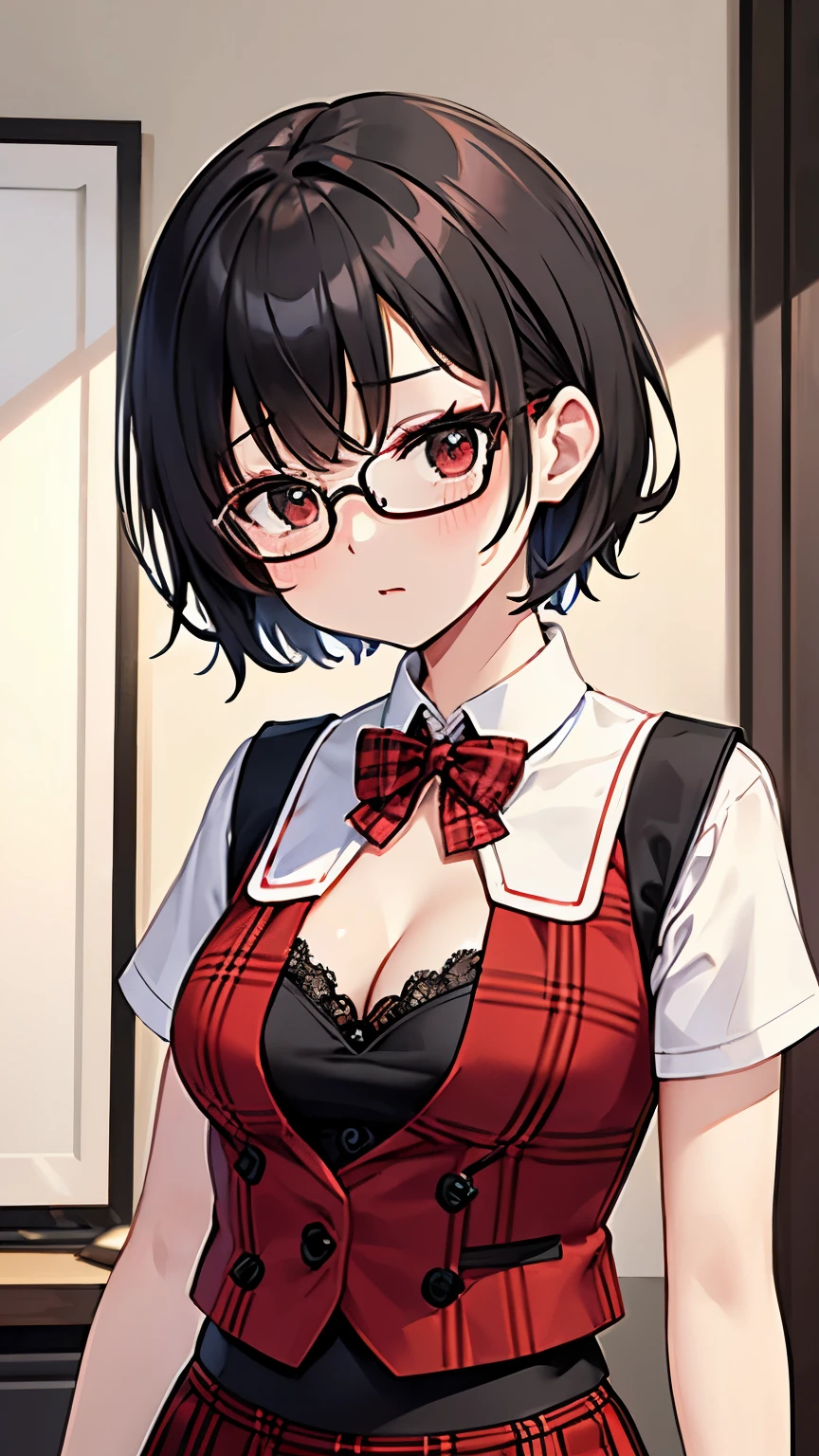 Red and black plaid mini skirt、White lace blouse、Red vest、black very short hair、small breasts、cleavage,pet collar、(black eye:1.2)、Black glasses