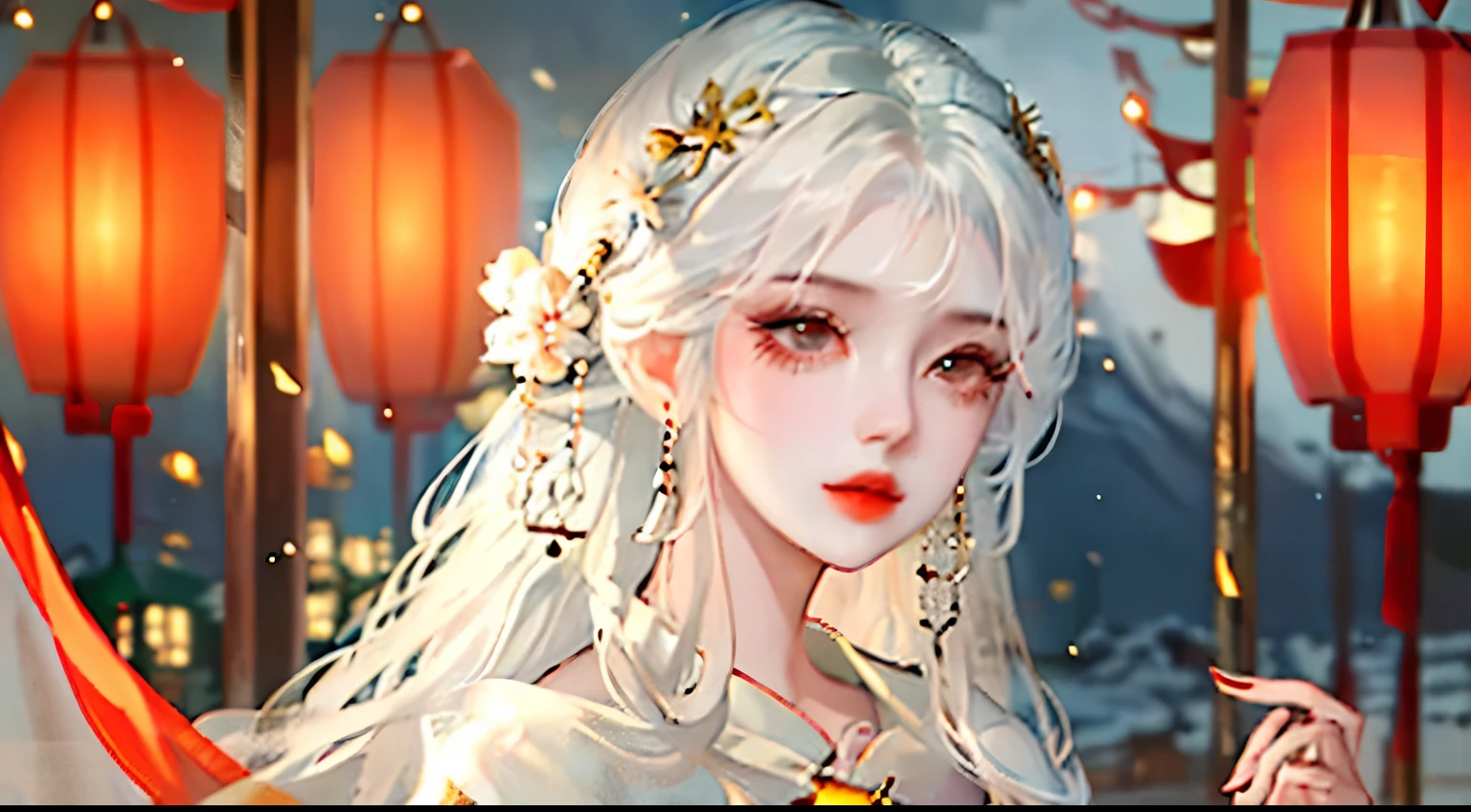 a young girl with white hair donned in ancient chinese fantasy garments, background in a street with lanterns, night time, eastern fantasy