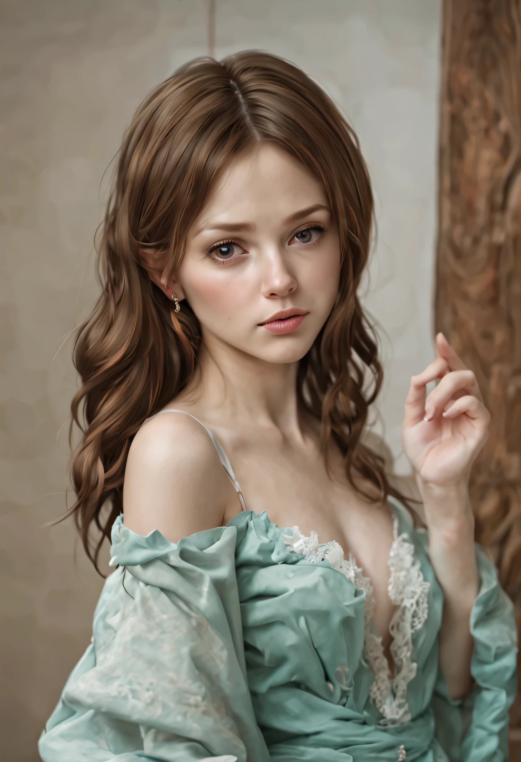 1girl, beautiful teenage girl, very small breasts, short wavy brown hair, portrait, oil painting, modern, realistic proportions, intricate, intricate details, sharp focus