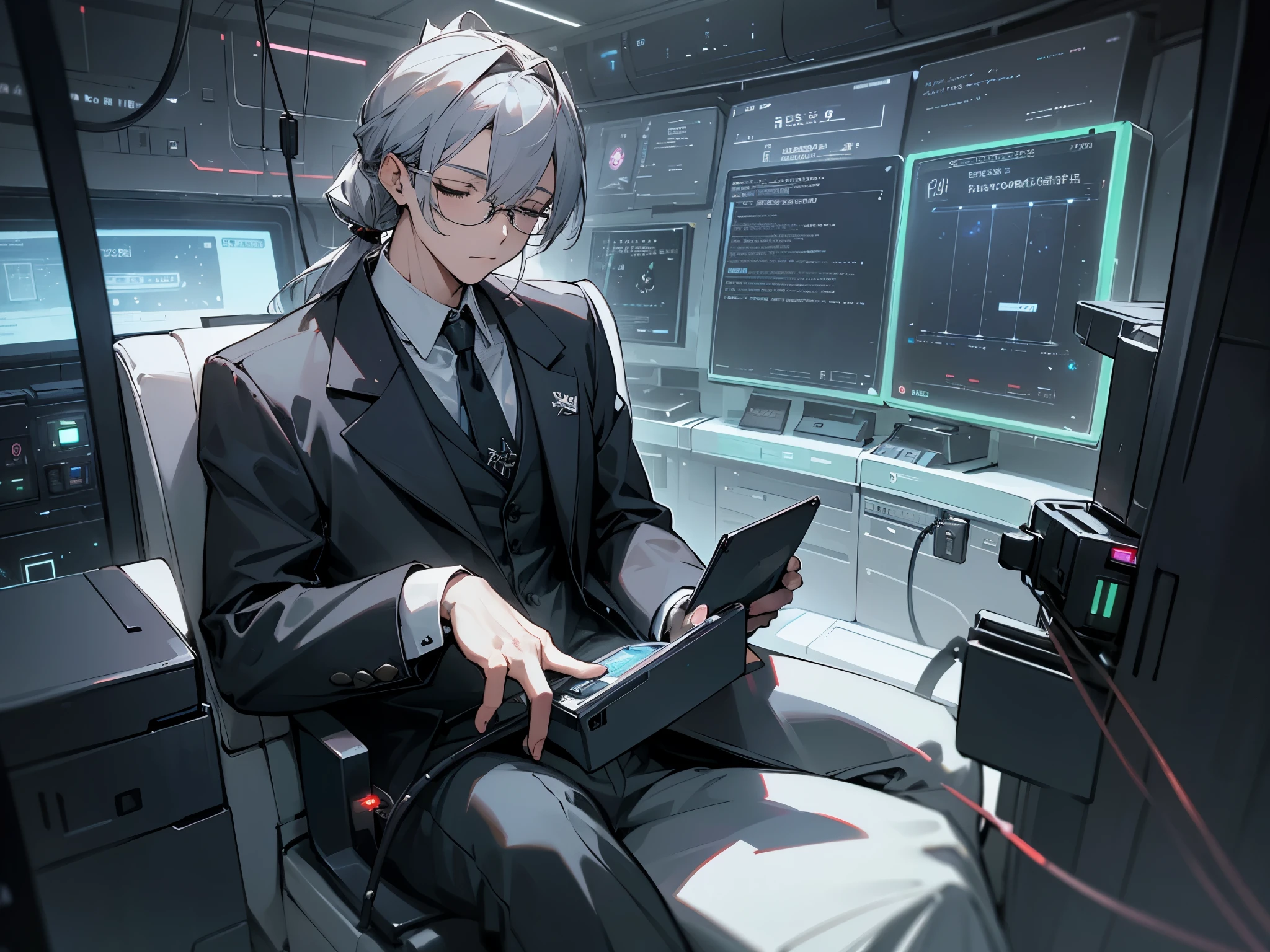 (muste piece)(High definition)20s male android、gray hair、ponytail、hat、Tuxedo、tie、wears round rimless glasses、sitting with eyes closed、Connected to the machine with multiple cables(charging)、background(An electronic world that feels like science fiction、A space that feels like inside a machine、Virtual space、near future、Dark)
