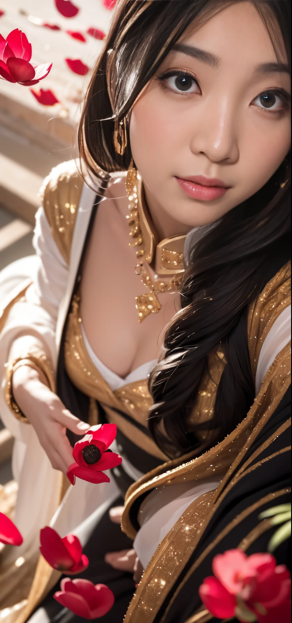 32K(tmasterpiece,k hd,hyper HD,32K)Long flowing black hair,ponds,zydink, a color, Asian people (Silly girl), (Silk scarf), Combat posture, looking at the ground, long whitr hair, Floating hair, Carp pattern headdress, Chinese long-sleeved clothing, (abstract ink splash:1.2), Pink petal background,Pink and white lotus flowers fly(realisticlying:1.4),Black color hair,Fallen leaves flutter,The background is pure, A high resolution, the detail, RAW photogr, Sharp Re, Nikon D850 Film Stock Photo by Jefferies Lee 4 Kodak Portra 400 Camera F1.6 shots, Rich colors, ultra-realistic vivid textures, Dramatic lighting, Unreal Engine Art Station Trend, cinestir 800,Long flowing black hair