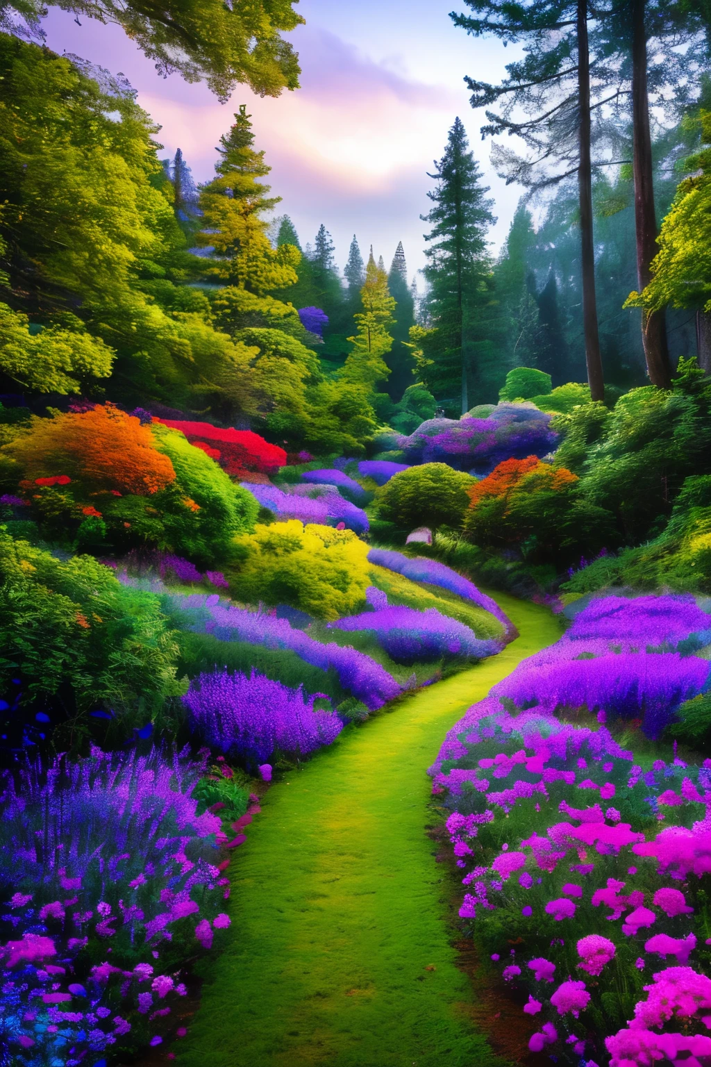 masterpiece, best quality, high quality, extremely detailed 8k wallpaper, An enchanting and dreamy scene of a fantasy forest, with towering trees, glowing mushrooms, and hidden fairy glens, creating a sense of mystique and enchantment, intricate, trending, award winning photography, Depth of Field, HDR, bloom, extremely detailed, Intricate, High Detail, dramatic, lots of blues and purples, path