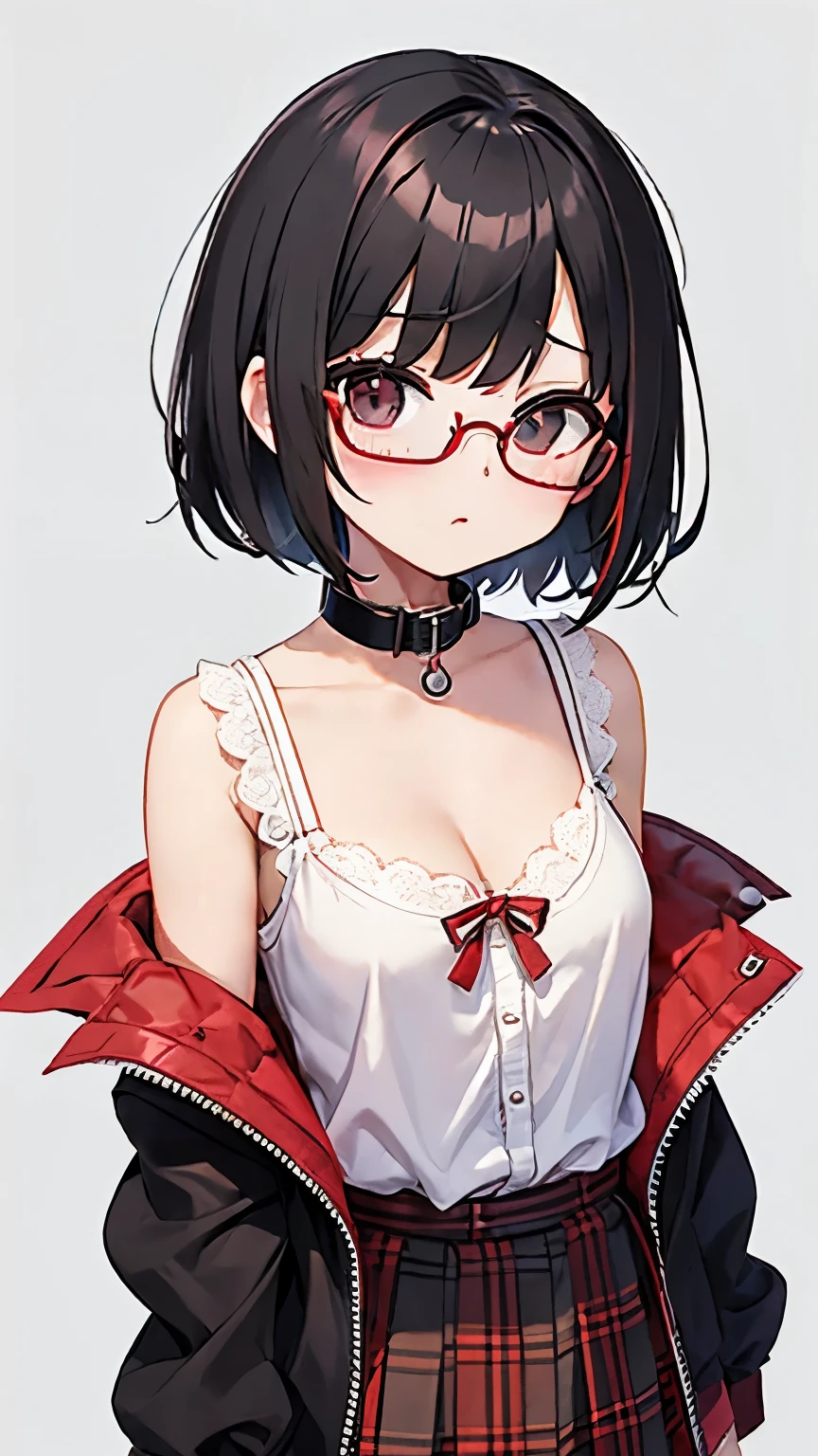 middle School girls、Red and black plaid mini skirt、White lace blouse、Red vest、black very short hair、small breasts、cleavage,(pet collar:1.4)、(black eye:1.2)、Black glasses