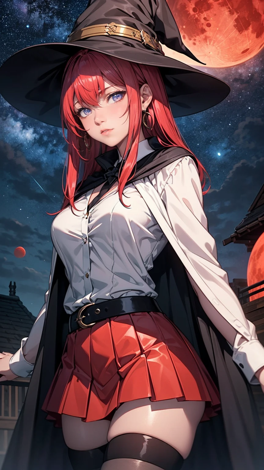 (((TakashiroHiroko, dark purple eyes), 1girls, solo, owl, witch hat, (dress shirt, white dress shirt), leather thigh-high boots, (black cloak), (pleated skirt, red skirt), night, (blood moon, starry sky), (cauldron), mana magic)), TakashiroHiroko, 1girl, mature woman, alone, cowboy shot, looking at viewer, blushing, dark purple eyes, long hair, red hair, earrings, jewelry