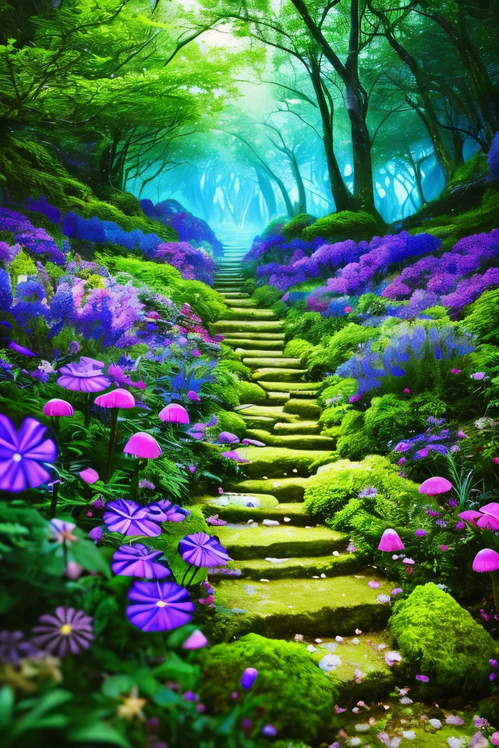 lush plantlife, extremely detailed, 8k, high quality, an enchanting and dreamy scene of fantasy/alien forest, glowing mushrooms, creating a sense of mystique and enchantment, award winning photography, lots of blues and purples, path, bioluminescence, garden, water, flowers