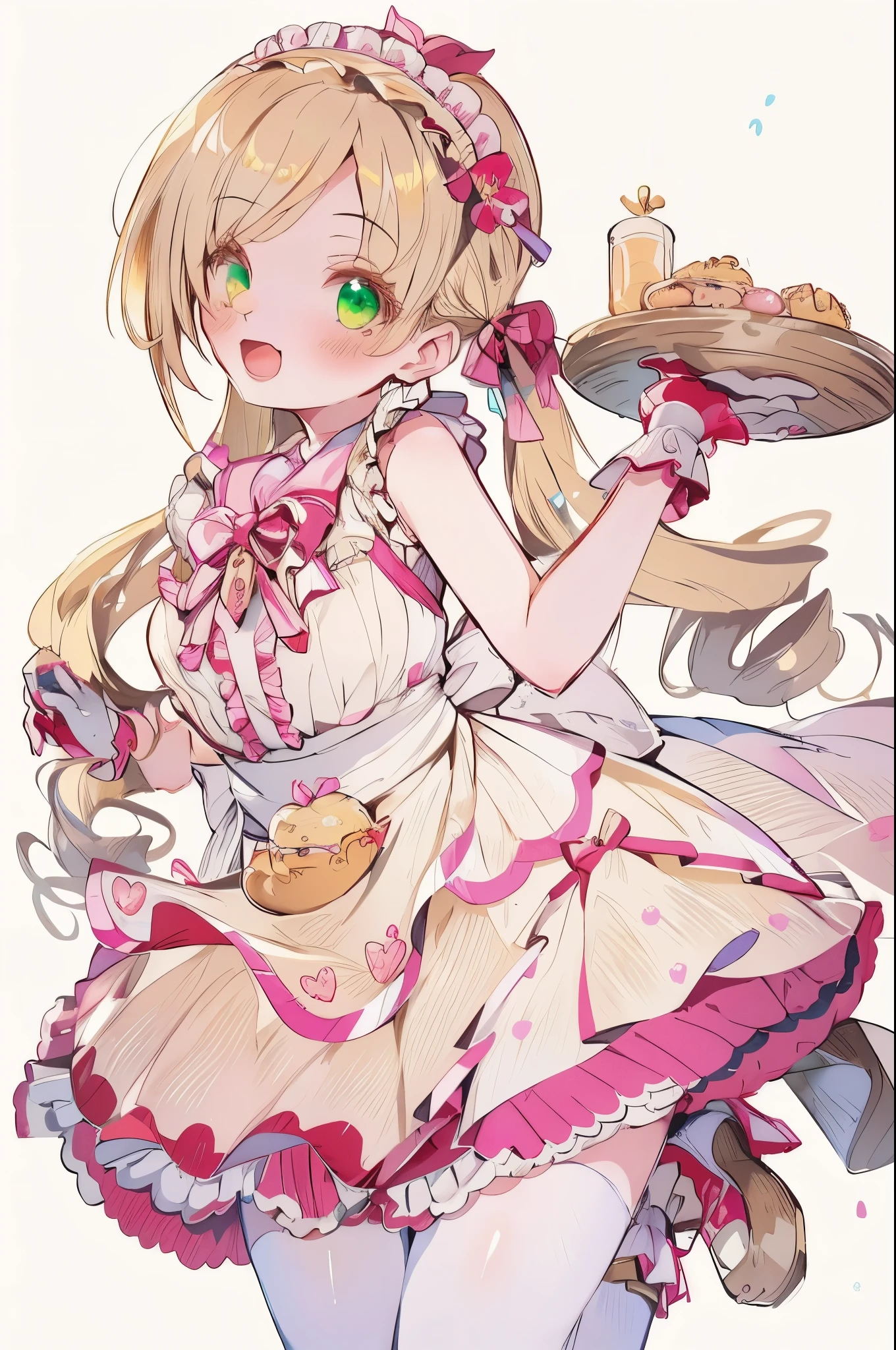 (best quality, masterpiece, highres),1girl,solo, sandy blonde hair,blush, green eyes, blush, juicy lips, glossy skin, glittery eyes, doll eyes, , smiling, fat juicy tits, fat juicy ass, juicy lips, maid outfit, flower crown, pink highlights on maid outfit, holding food, simple background