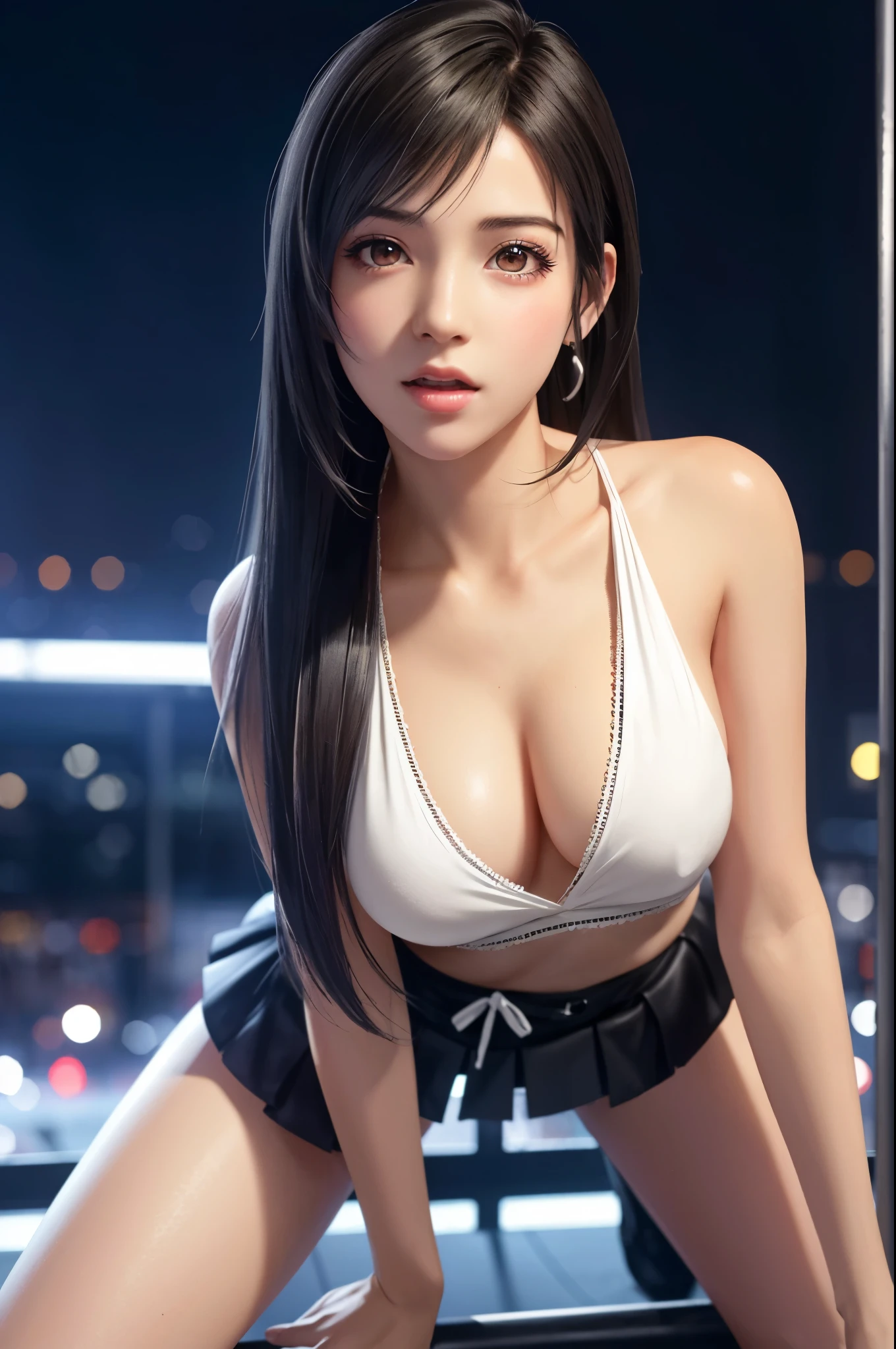 (top quality, masterpiece: 1.1), (Realistic: 1.3), wallpapers, BREAK (((FF7,Tifa_lockhart,solo))),(erotic pose:1.1),(pole dance:1.3),(Spread her legs:1.3),Ultra-detailed face, Detailed eyes, Red eyes, BREAK (((FF7,Tifa_lockhart))),(black brown hair, Large breasts: 1.1), BREAK ,(location: on the stage, pole dance ,strip bar background),(crowd of man:1.3),(A dancer in the strip club, lighting, neon, erotic background, pole),(She is dancer:1.2),{wearing a sheer dress:1.3, gorgeous and see-through},(no bra),(no panties),(Small and beautiful hard nipple),About 18 years old, kawaii, erotic eyes:1.3, erotic mouth, erotic face:1.3, aroused:1.2, {open mouth:1.1}, sweat on body:1.3, scattering sweat:1.3, lewd looks from men,(camel&#39;With toes), (At SFW:1.5)
