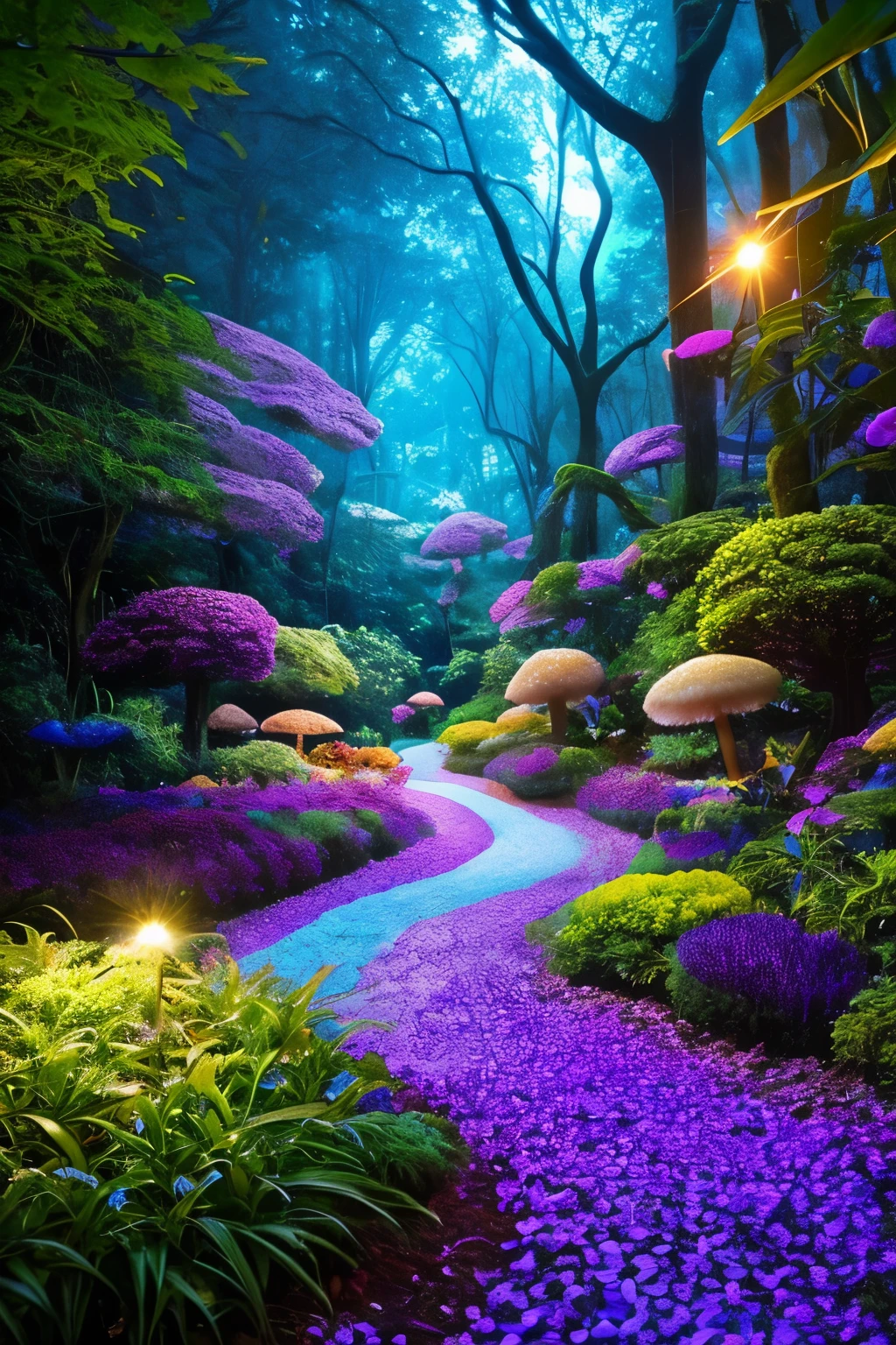 lush plantlife, real, detailed, 8k, high quality, an enchanting and dreamy scene of fantasy/alien forest, glowing mushrooms, creating a sense of mystique and enchantment, award winning photography, lots of blues and purples, bioluminescence, garden, water, flowers, depth of field