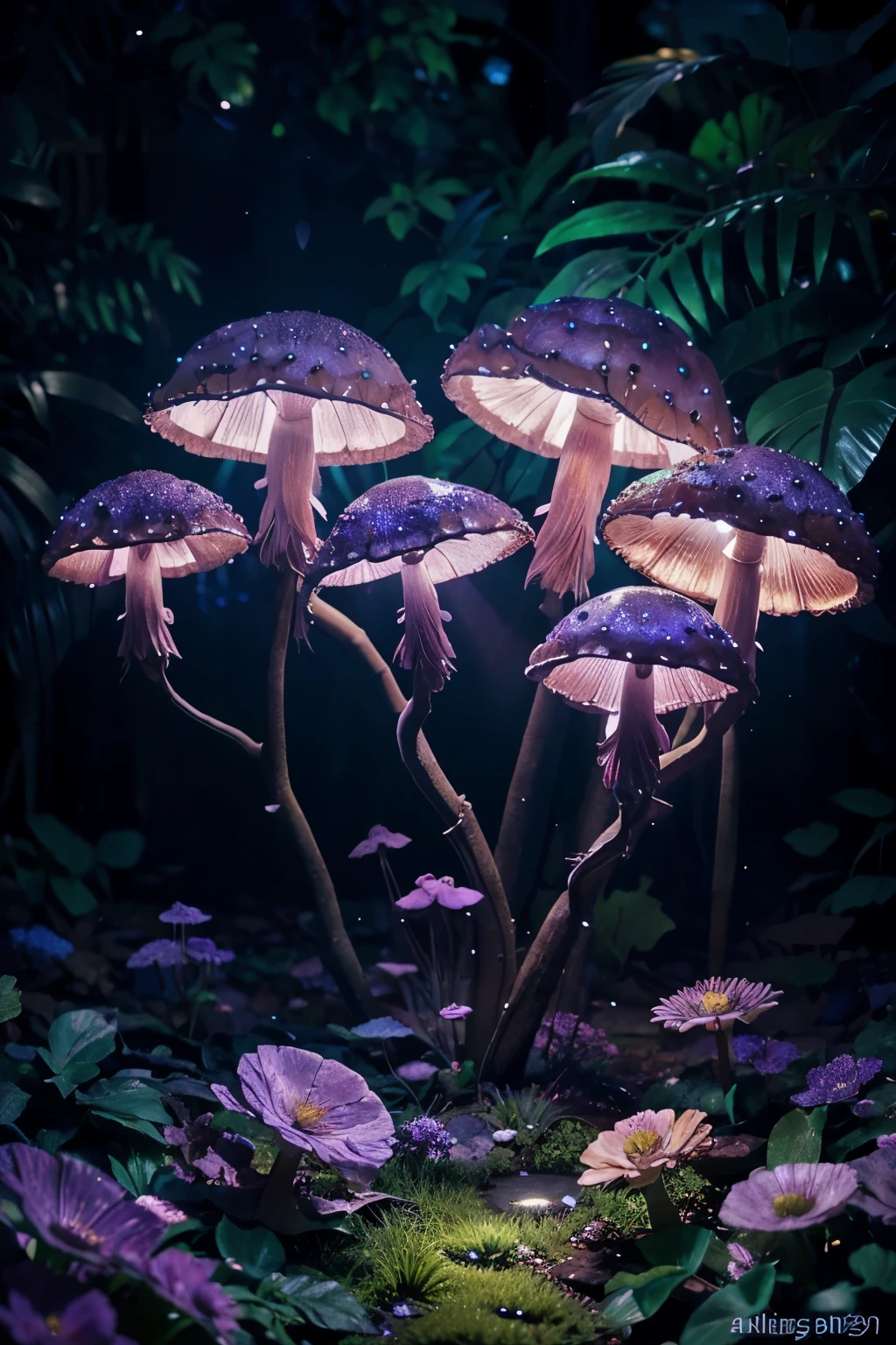 lush plantlife, real, detailed, 8k, high quality, an enchanting and dreamy scene of fantasy/alien forest, glowing mushrooms, creating a sense of mystique and enchantment, award winning photography, lots of blues and purples, bioluminescence, garden, water, flowers, depth of field photorealist, crystals