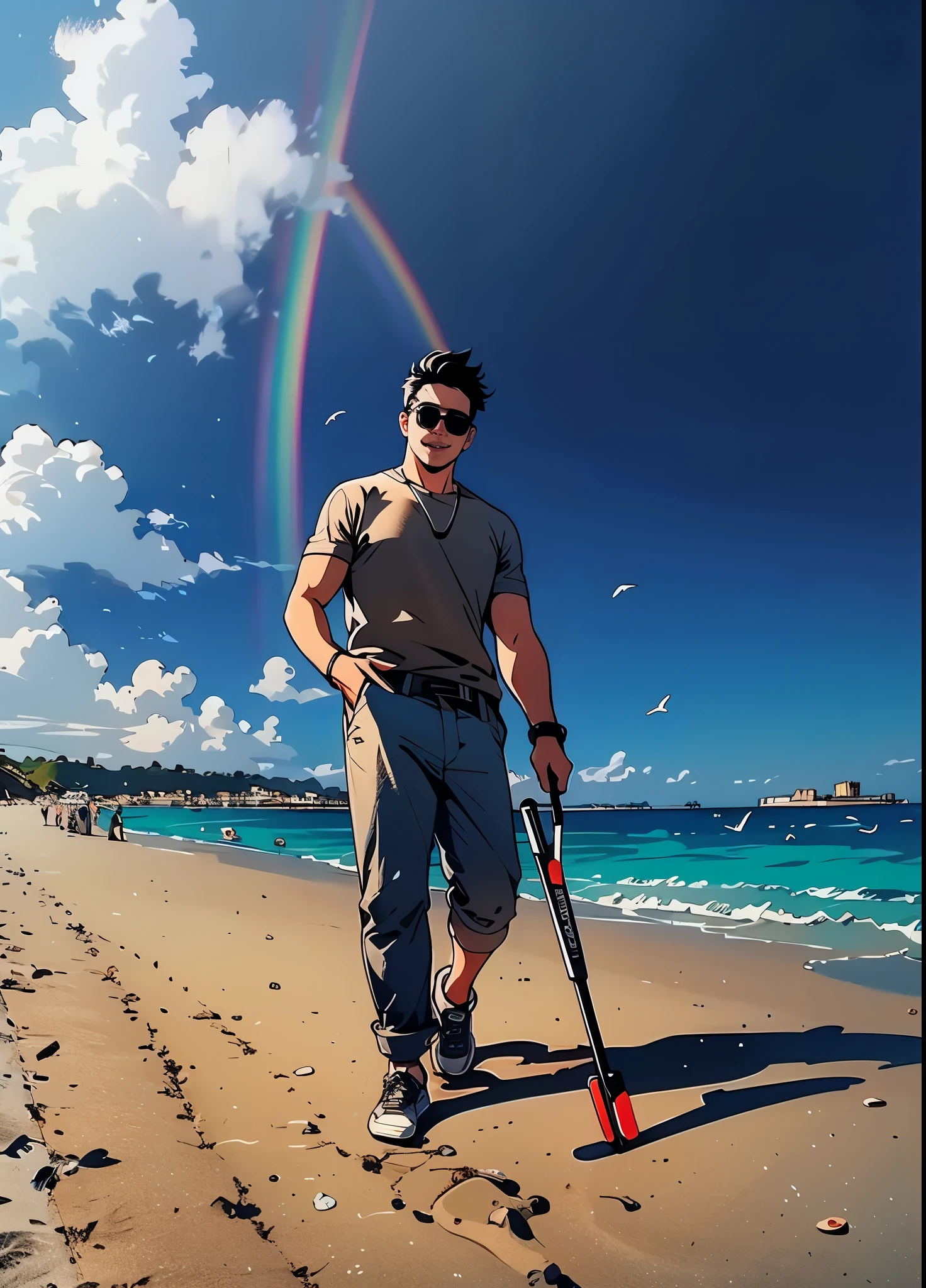 there is a man walking on the beach, standing at the beach, centered full-body shot, at a tropical beach, wide angle full body, shot on gopro9, posing on a beach with the ocean, taken on go pro hero8, centered full body shot, standing on a beach, in the beach, glasses, rainbow pants, selfie stick