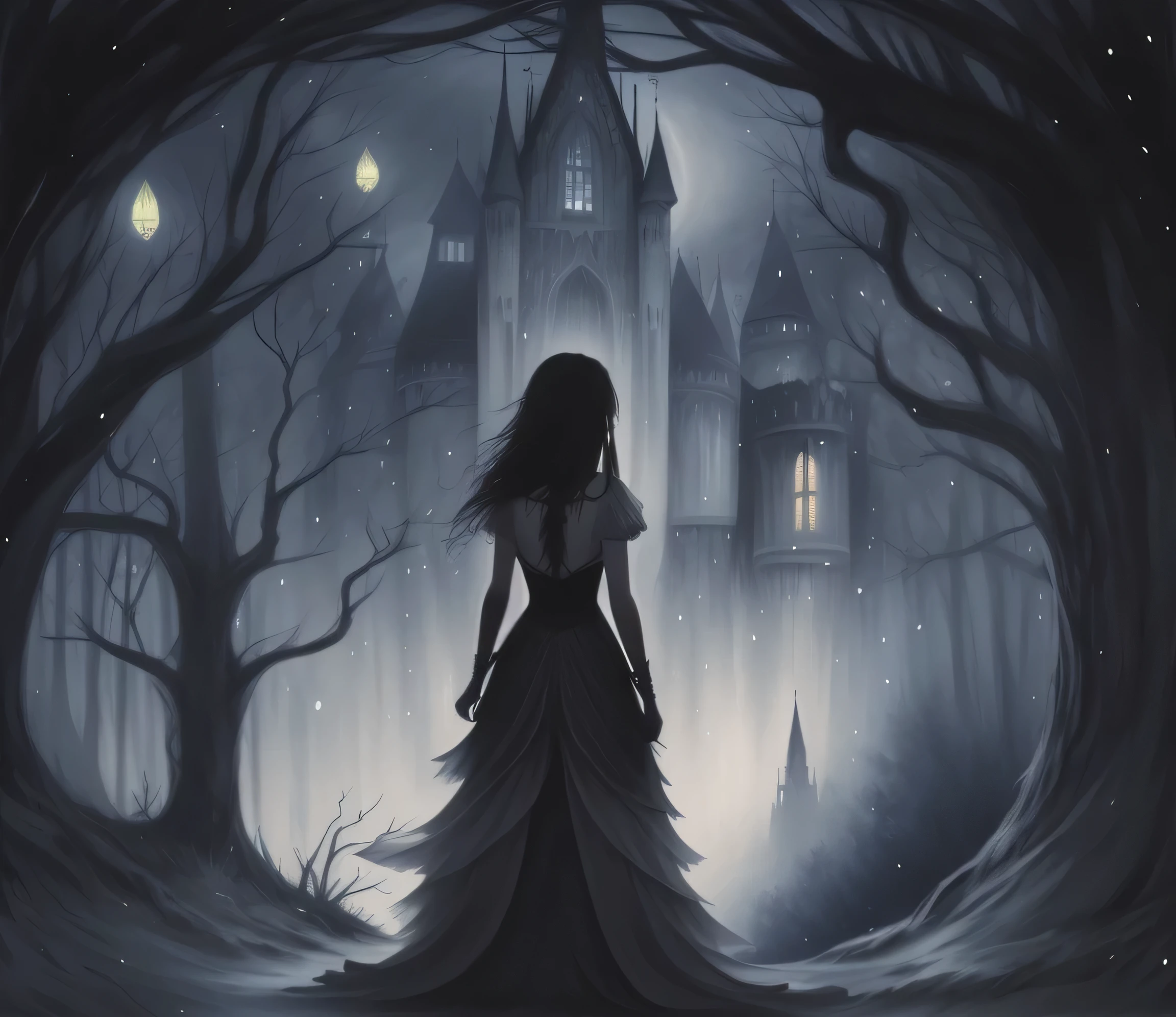 a painting of a woman in a long dress, die vor einem Schloss steht, magischer Realismus und dunkle Fantasie, Beguilingly beautiful art, Gotische Malerei, dark fairy tale, dunkle Fantasy-Kunst, Kunst im dunklen Fantasy-Stil, Fairytale painting, Hexenmärchen, Fairytale artwork, Gothic-Fantasy-Kunst, Luthien, dunkle Fantasy-Illustration, im Stil der dunklen Fantasy-Kunst