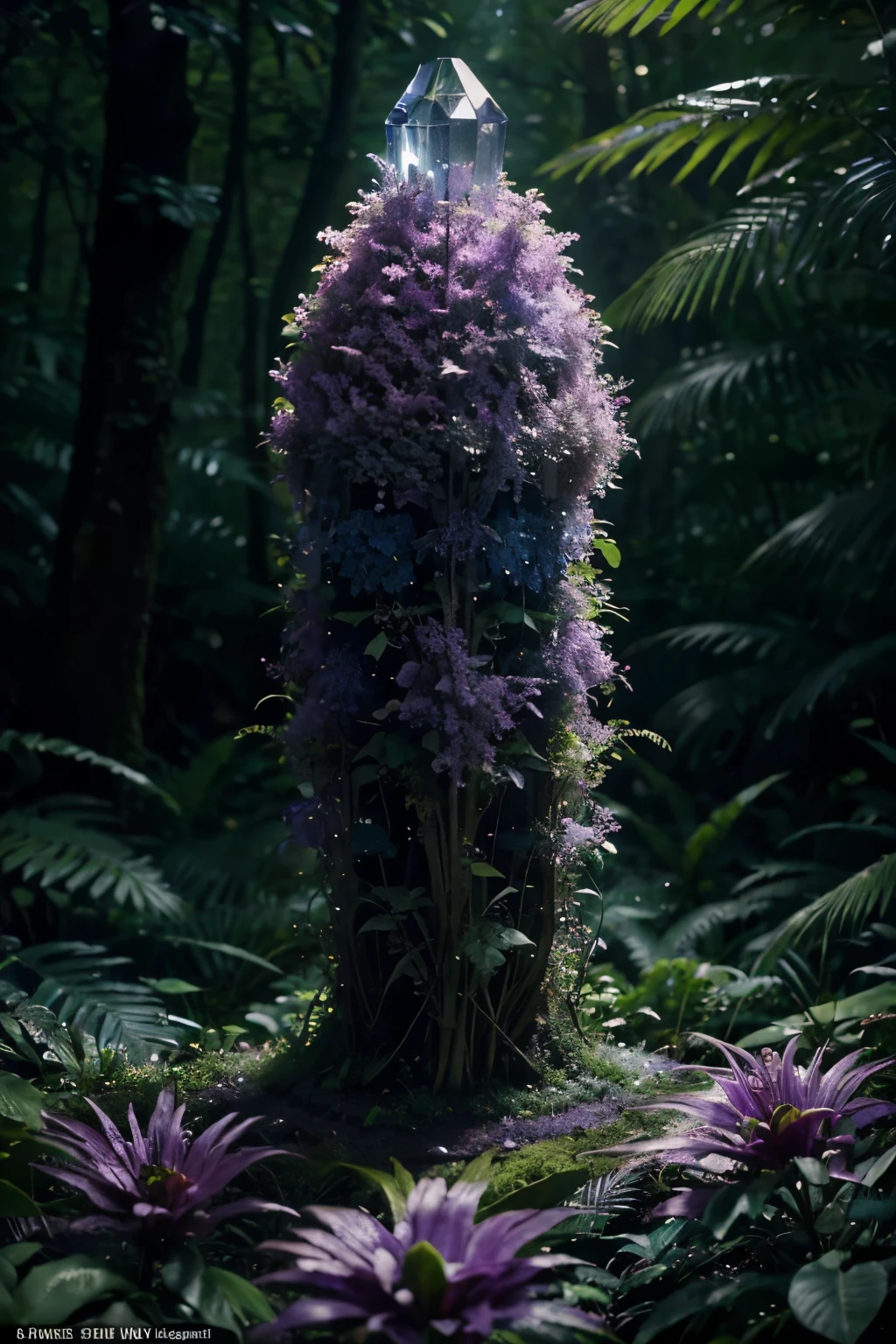 lush forest and plantlife, real, detailed, 8k, highquality, an enchanting and dreamy scene of fantasy/alien forest, creating a sense of mystique and enchantment,  award winning photography, lots of blues and purples, depth of field, photorealist, crystals