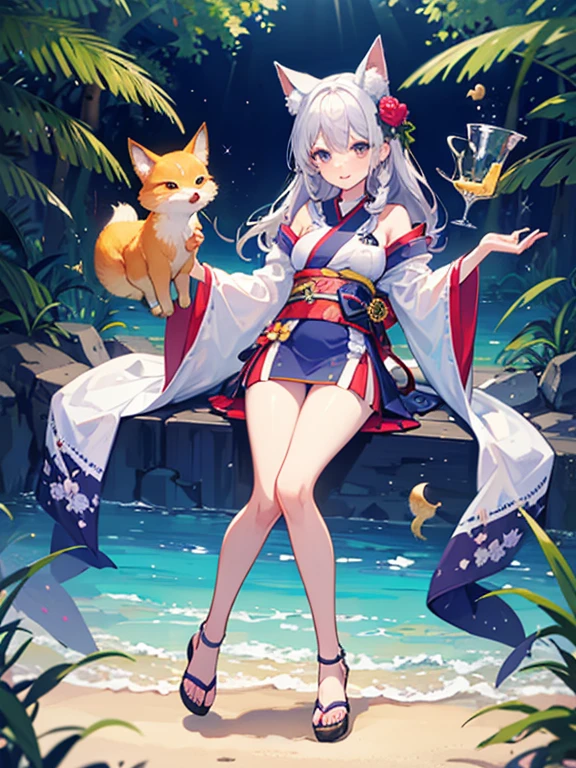 ((highest quality)), ((masterpiece)), (be familiar with), perfect face, one girl、cute、15 years old、big breasts、breasts、small face、baby face、long hair、silky hair、Habitual hair、Braid in one place、bluish silver hair、kimono、Sheer clothes、summer clothes、Clothes without sleeves、extremely short bamboo miniskirt、Full body figure、つま先から頭のてっぺんまでのFull body figure、足先から頭までのFull body figure、fox ears、No underwear、Zori sandals、