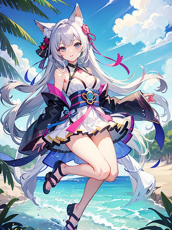 ((highest quality)), ((masterpiece)), (be familiar with), perfect face, one girl、cute、、big breasts、breasts、small face、baby face、loilky hair、Habitual hair、Braid in one place、bluish silver hair、kimono、Sheer clothes、summer clothes、Clothes without sleeves、extremely short bamboo miniskirt、Full body figure、つま先から頭のてっぺんまでのFull body figure、足先から頭までのFull body figure、fox ears、No underwear、Zori sandals、