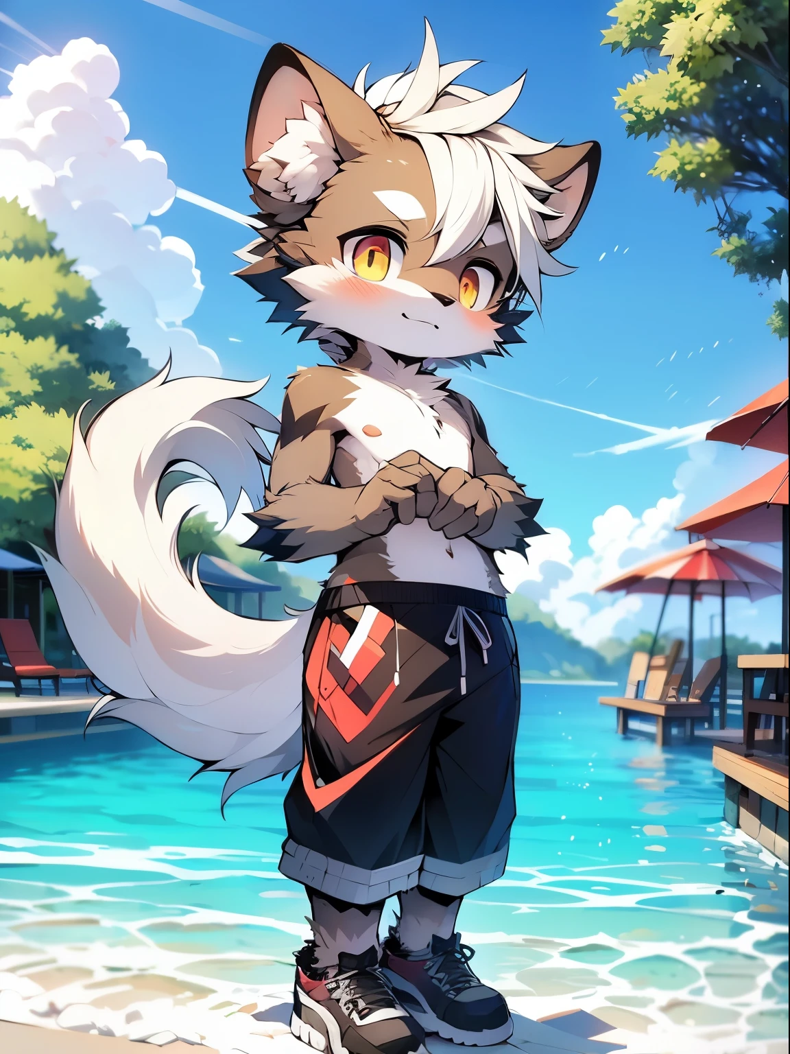 (by dagashi:1.1),rest,masterpiece,great determination,8k,detailed background,high quality,rest,rest,((light blue fur,white hair,Black sclera,yellow eyes,fluffy fur,fine fur)) hairy,rest,male,boy, humanoid shape,shorts,Swimming pants,beach,Shirtless,swimsuit,Briefs,bulge