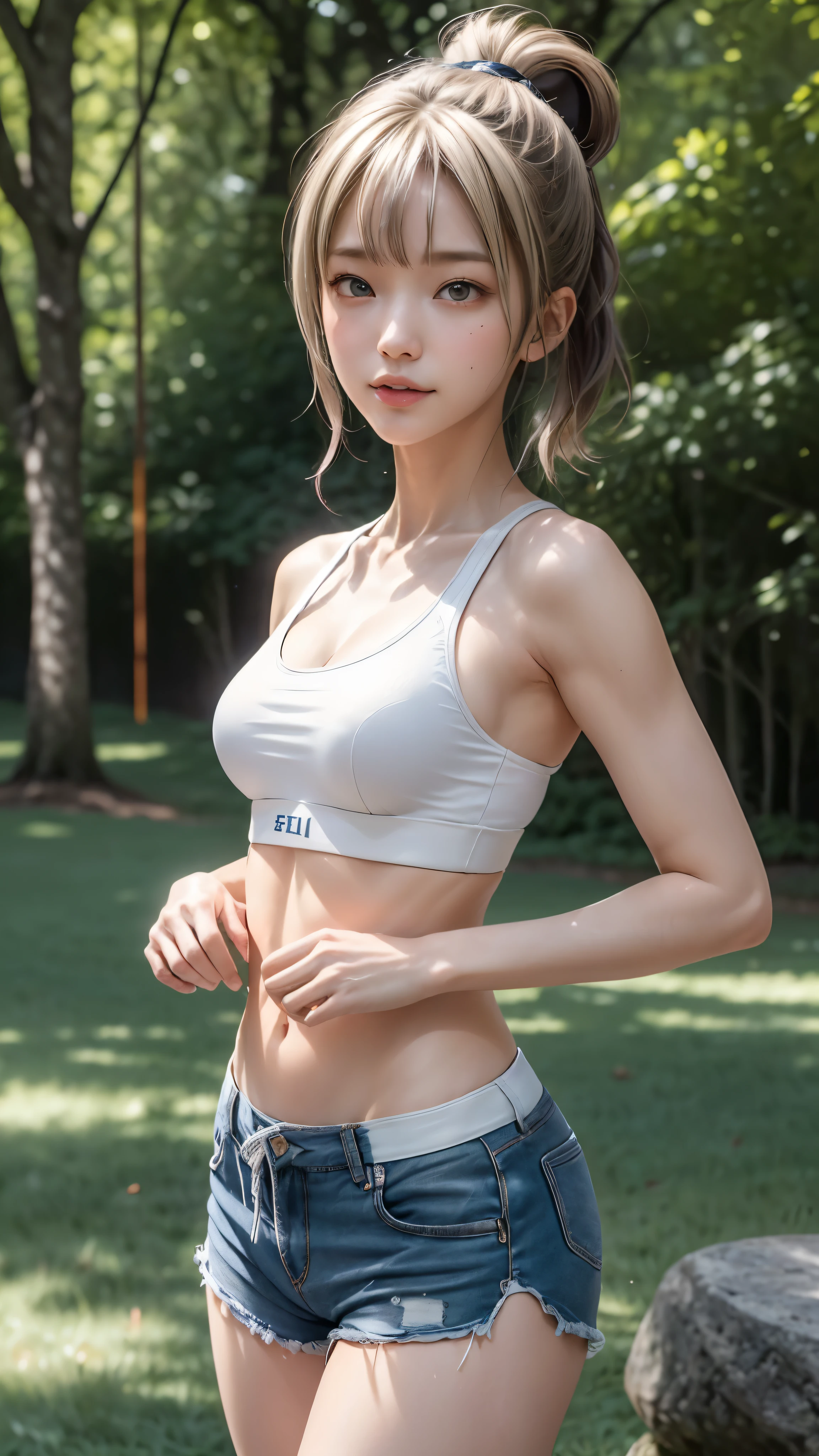 ((highest quality)), ((masterpiece)), (be familiar with:1.4),.3D, 美しいスポーツブラとshortsの女性の画像,nffsw(high dynamic range),ray tracing,NVIDIA RTX,super resolution,unreal 5,scattered below the surface,PBR texturing,Post-processing,anisotropic filtering,written boundary depth,maximum clarity and sharpness,multilayer texture,Albedo and specular maps,surface shading,Accurate simulation of light-matter interactions,perfect proportions,octane rendering,two-tone lighting,wide aperture,Low ISO、White balance、Rule of thirds、8,000 students、((Englishman))(((white sports bra,shorts)))(((blonde)))