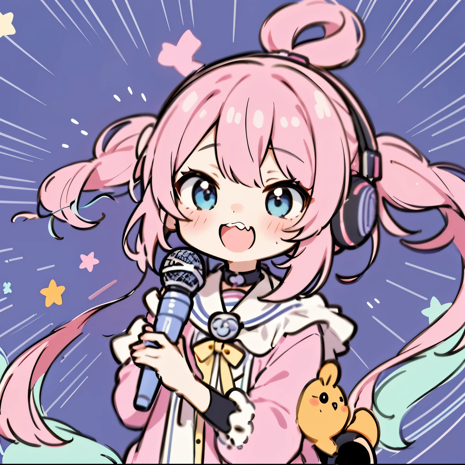 Cartoon girl with headphones and microphone in hand, Luan cute Vtuber, IG studio anime style, pin to anime, shikamimi, cute core, sakimimichan, anime atmosphere, sing for you, anime moe art style, Cute Chibi, cute cute girl, Belle Delphine, Cute girl anime visual, cute atmosphere, Hololive