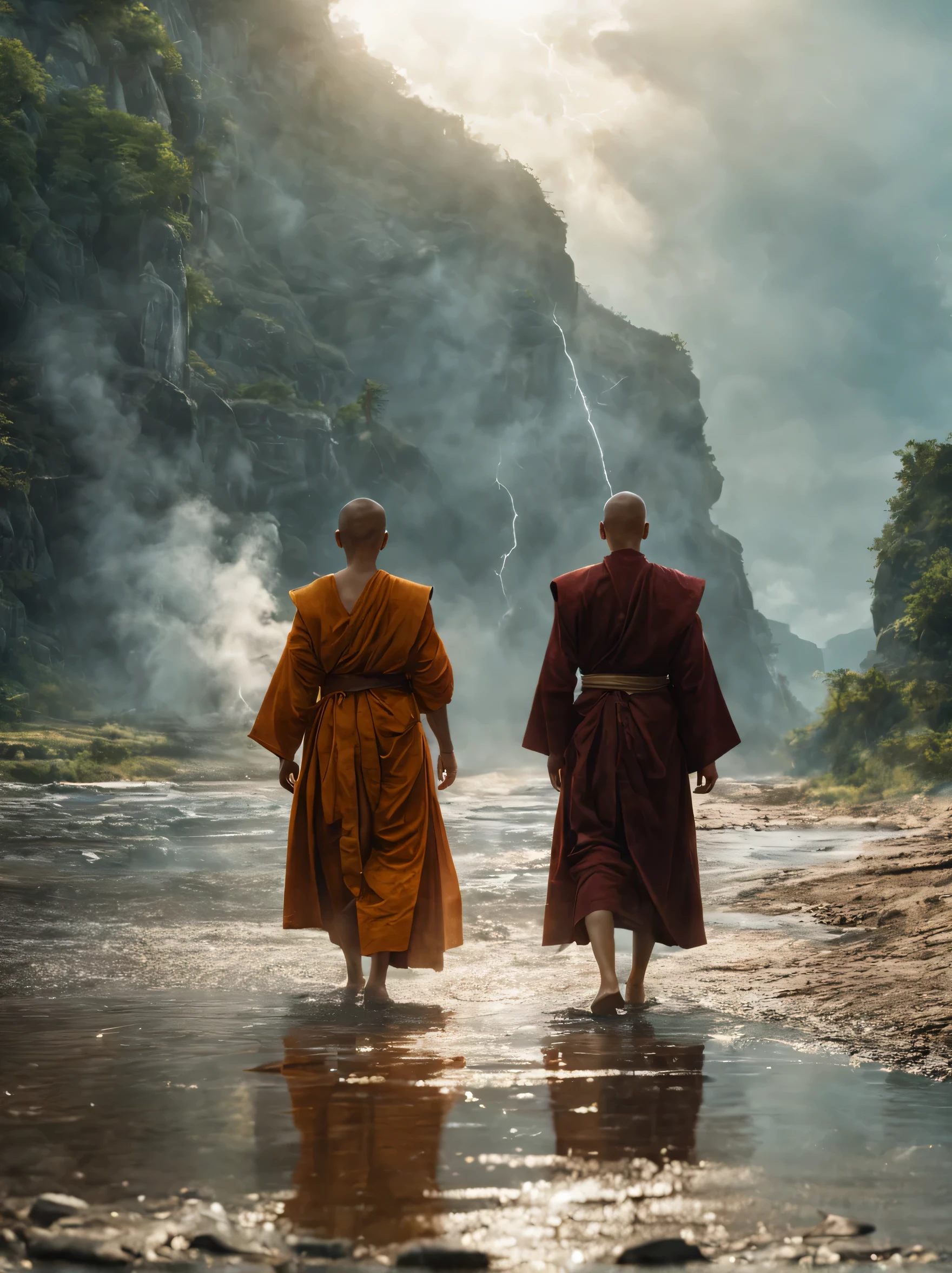 A visual representation of two monks approaching a river, with a young woman standing on the shore, waiting to cross., hyperdetailed, smoke, sparks, sunbeams, (8k), realistic, symmetrical, award-winning, cinematic lightning, soaked, film, 75mm, scratches, full body shot, close-up, torn and dirty clothes, detailed face,