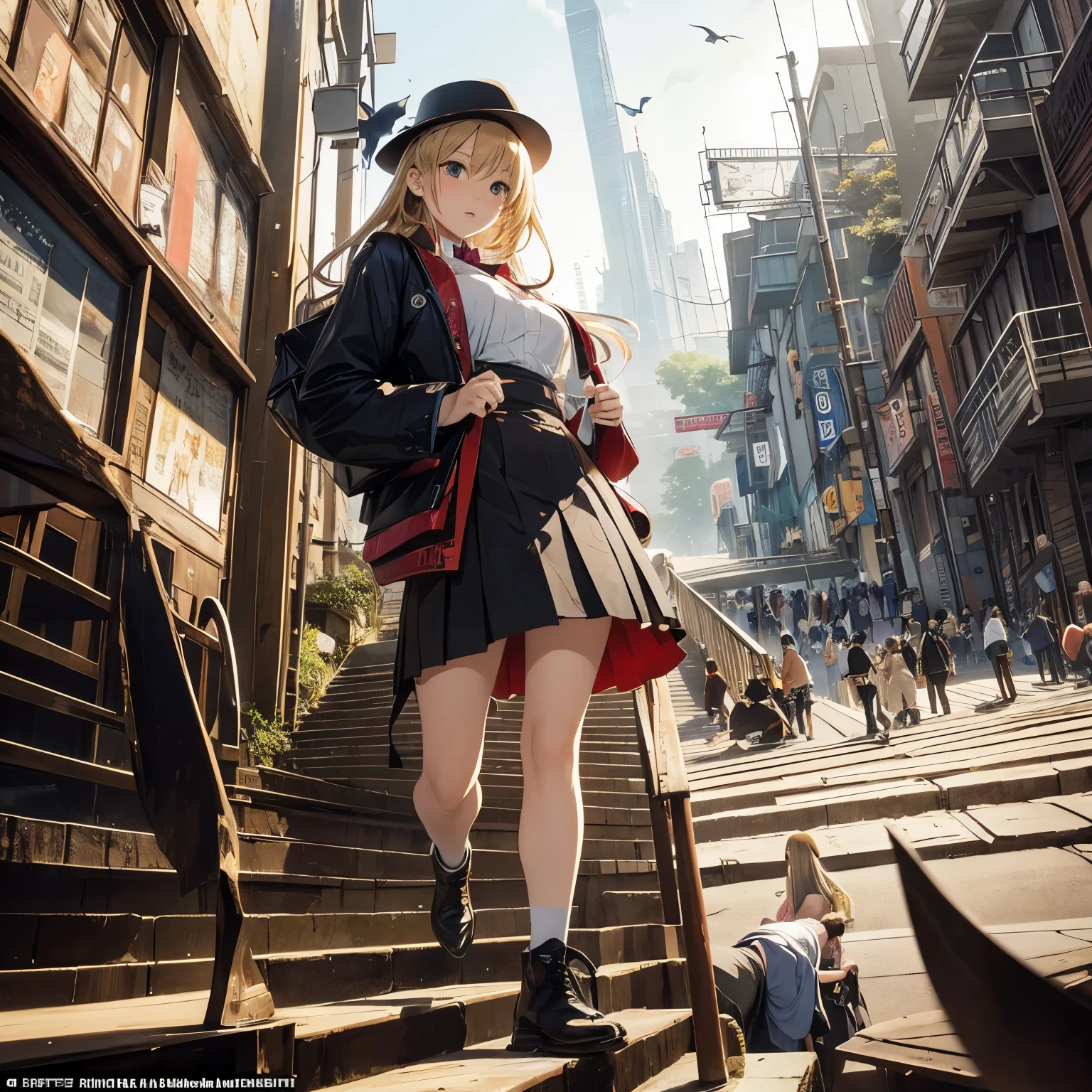 Satoshi Urushihara, George Grosz, Surreal, mysterious, strange, fantastical, fantasy, Sci-fi, Japanese anime, piano stairs, beautiful blonde miniskirt girl Alice, perfect voluminous body, notes climbing in the sky, detailed masterpiece bird’s eye views Hyper realistic sharp focus zoom in 
