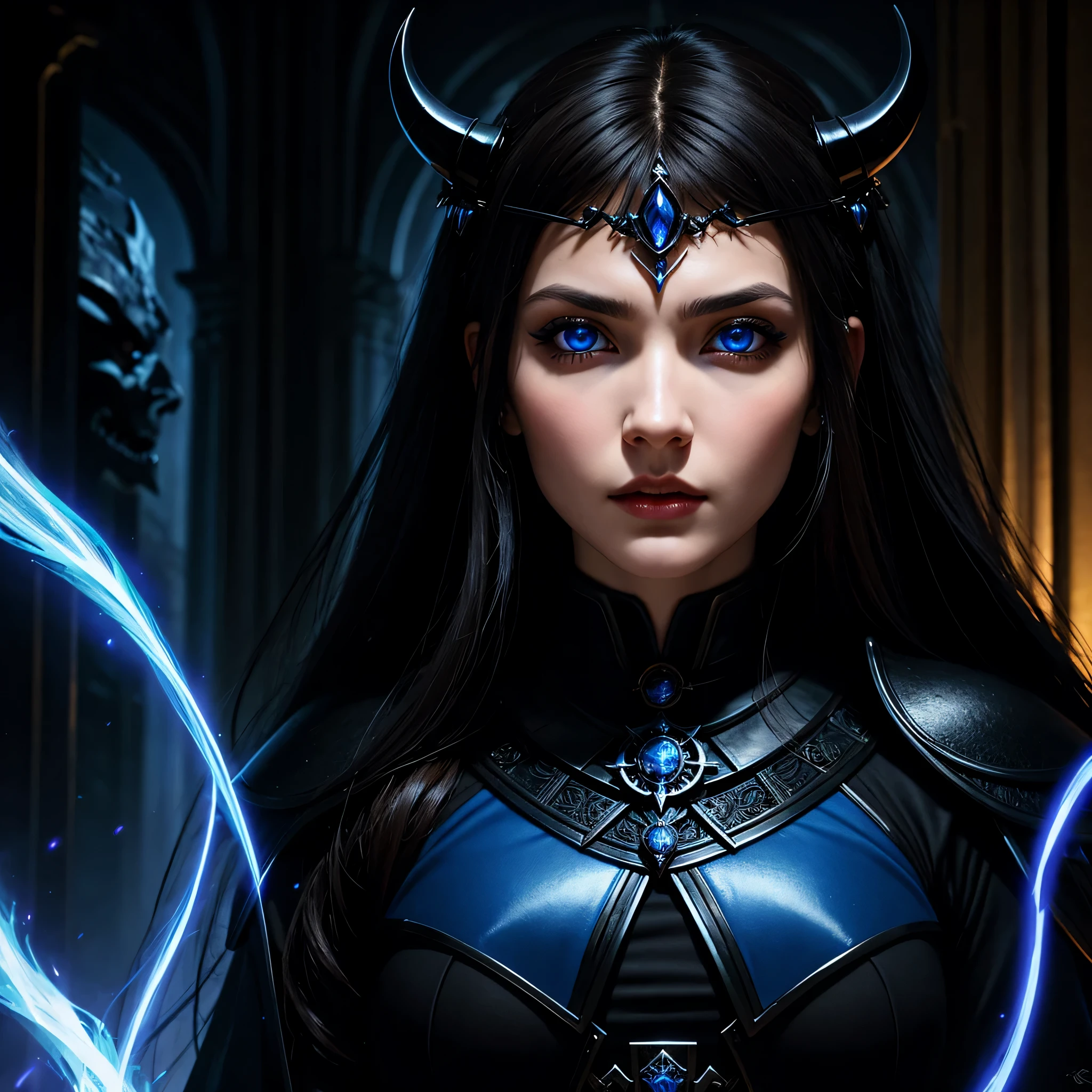 "Close Up : Hyperréalistic : A very beautiful brunette with blue eyes evil priestess , in black nightgow, hypnotized in an evil temple by a black hideous clawed monster"
