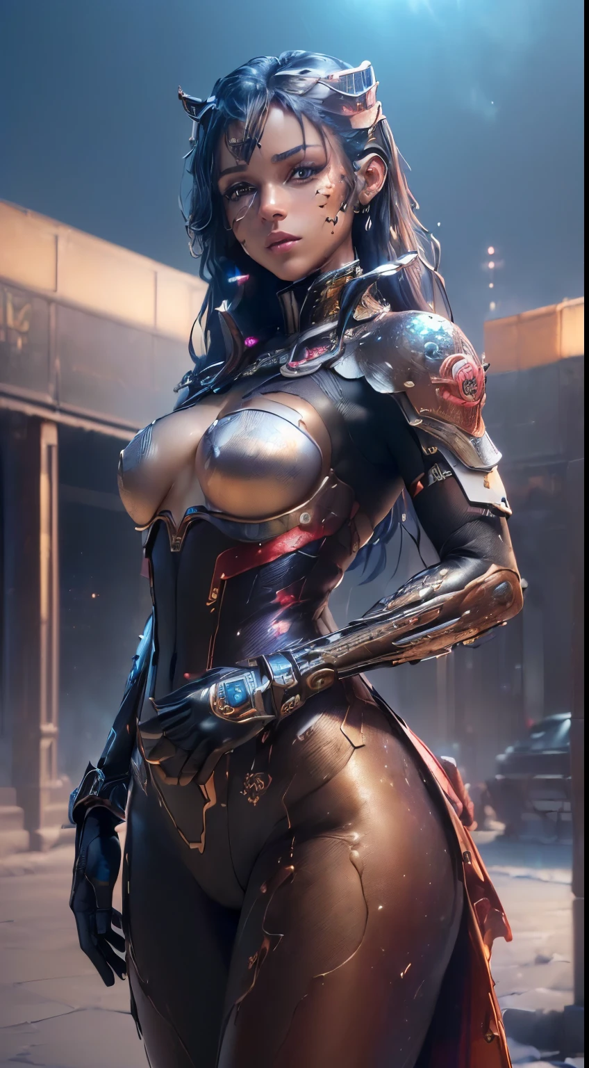 (best quality, UHD, highres:1.4, photorealistic:1.4, realistic skin texture:1.4, masterpiece:1.8), stunning mechanical girl, glossy metallic leather, [mechanical body, mechanical limbs]. Nighttime, facade, (standing on top of a mountain). Vibrant colors. Science fiction art style. (Beautifully detailed eyes).