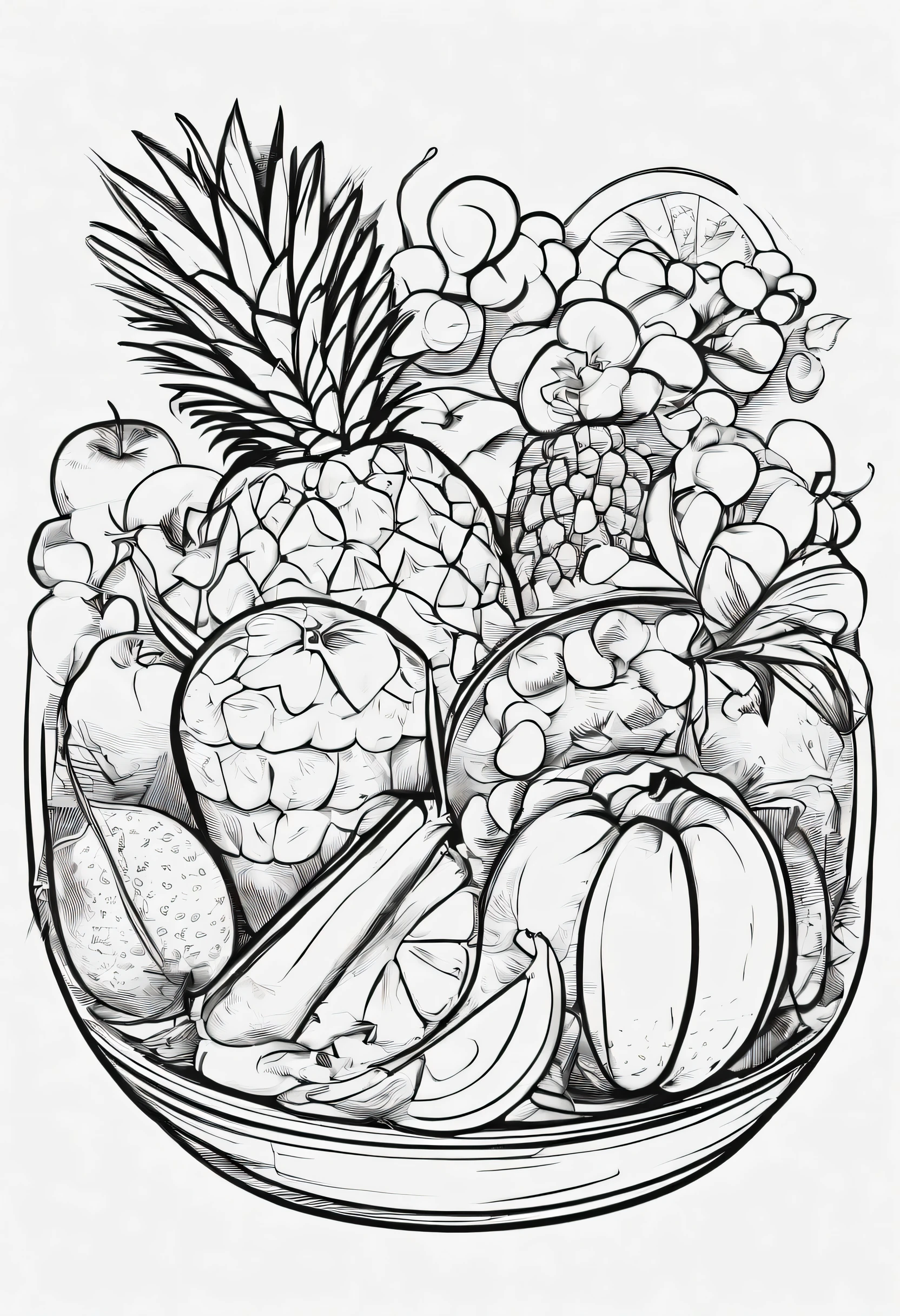 Fruit Salad Delight , line art, cartoon character, 3d style, high-quality, coloring book, hand-draw, line art