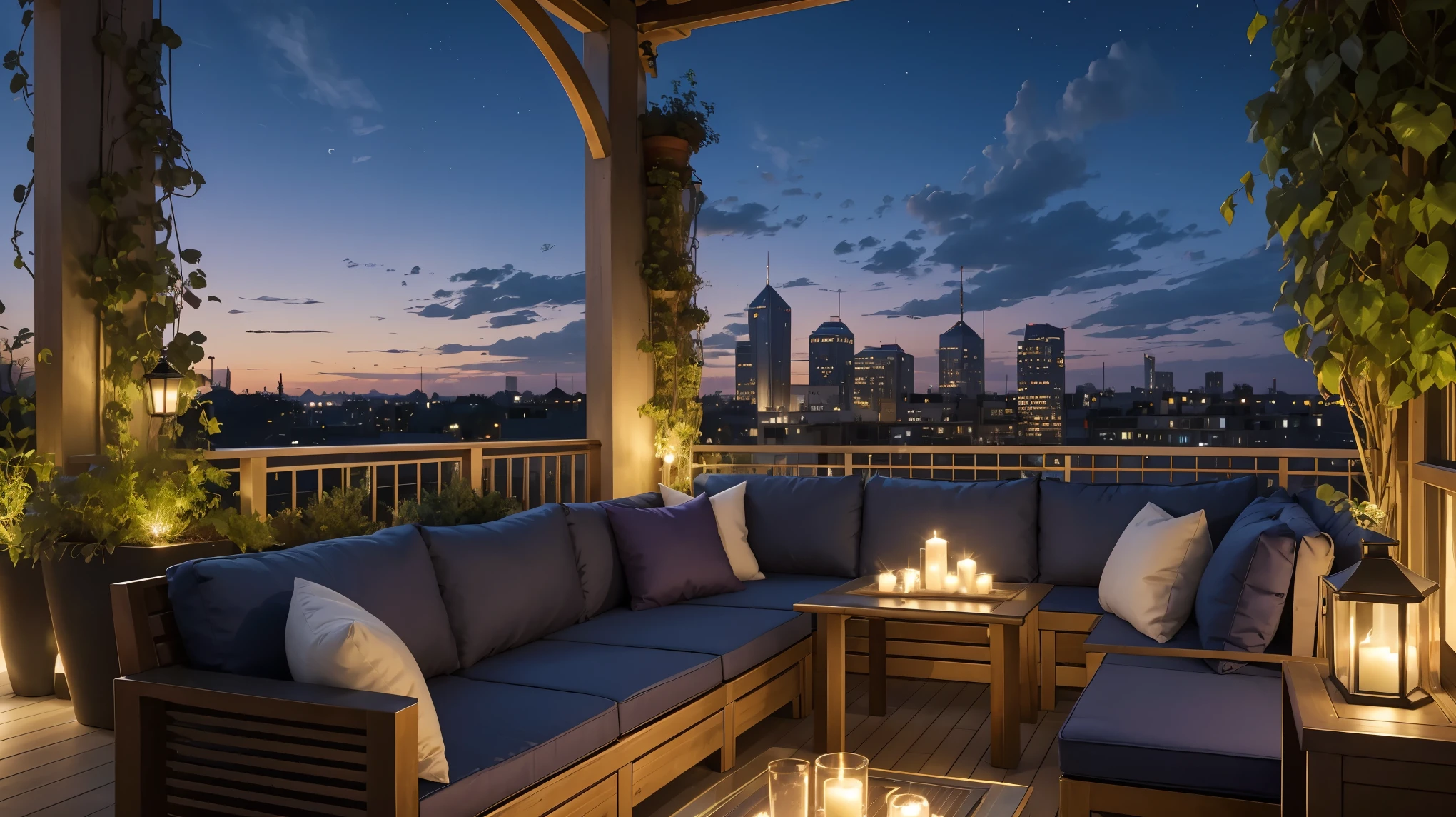 Create a detailed digital art image of a cozy rooftop terrace during twilight. The setting is a bustling city during the early evening, with lights beginning to twinkle in the buildings. The sky is a blend of purples and blues, indicative of the last moments of sunset, with scattered clouds and a few visible stars. On the terrace, there is contemporary outdoor furniture, including a comfortable sofa with throw pillows and a small wooden table with lit candles creating a warm ambiance. Potted plants are scattered around, some with hanging vines, adding a touch of greenery to the urban environment. The terrace has a glass balustrade, providing an unobstructed view of the cityscape. The overall mood is serene and inviting, perfect for a quiet evening enjoying the city lights.