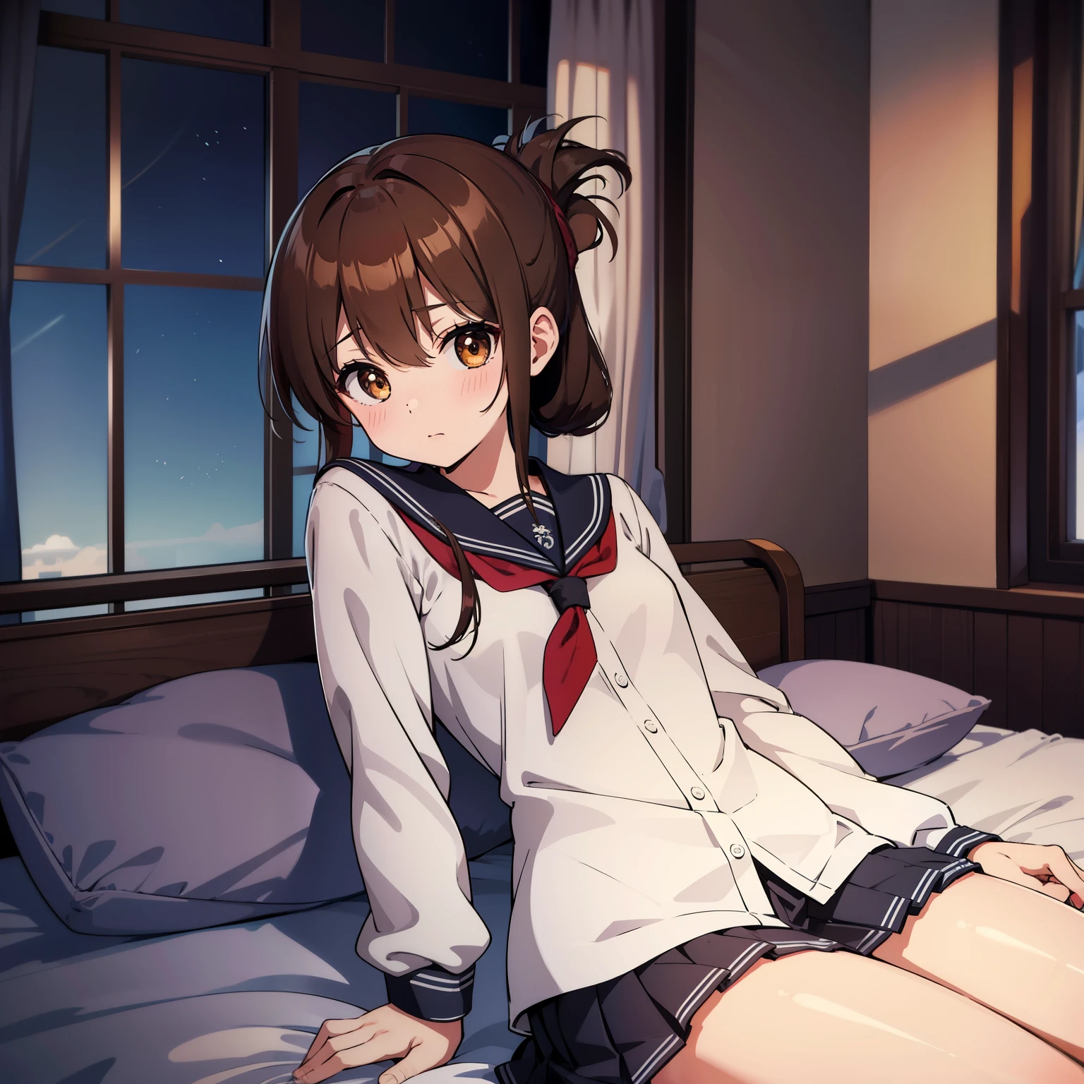 health room, curtain, 1 girl, school uniform, Liar, Hospital bed,, masterpiece, highest quality, very detailed,(masterpiece, best quality:1.2),illustration,8k,hd,1girl,solo,upper body,(portrait:1.2),brown_hair,folded_ponytail,brown_eyes,serafuku,long_hair,school_uniform,skirt,pleated_skirt,