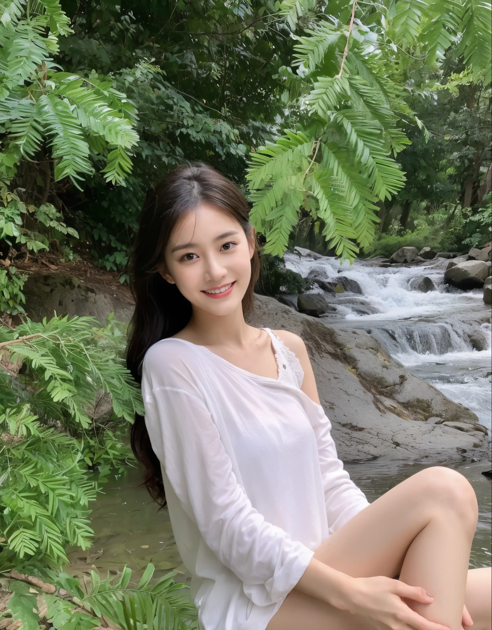 ((Masterpiece, Top image quality, high resolution、alone、shiny skin))(on the table, best quality, actual, super detailed, meticulous, high resolution, 8k wallpaper), Close-up portrait of a beautiful woman, Chariada, smiling, light brown messy hair, Perfect dynamic composition, 美丽meticulous的眼睛, Just like the cover of a fashion magazine, on campus