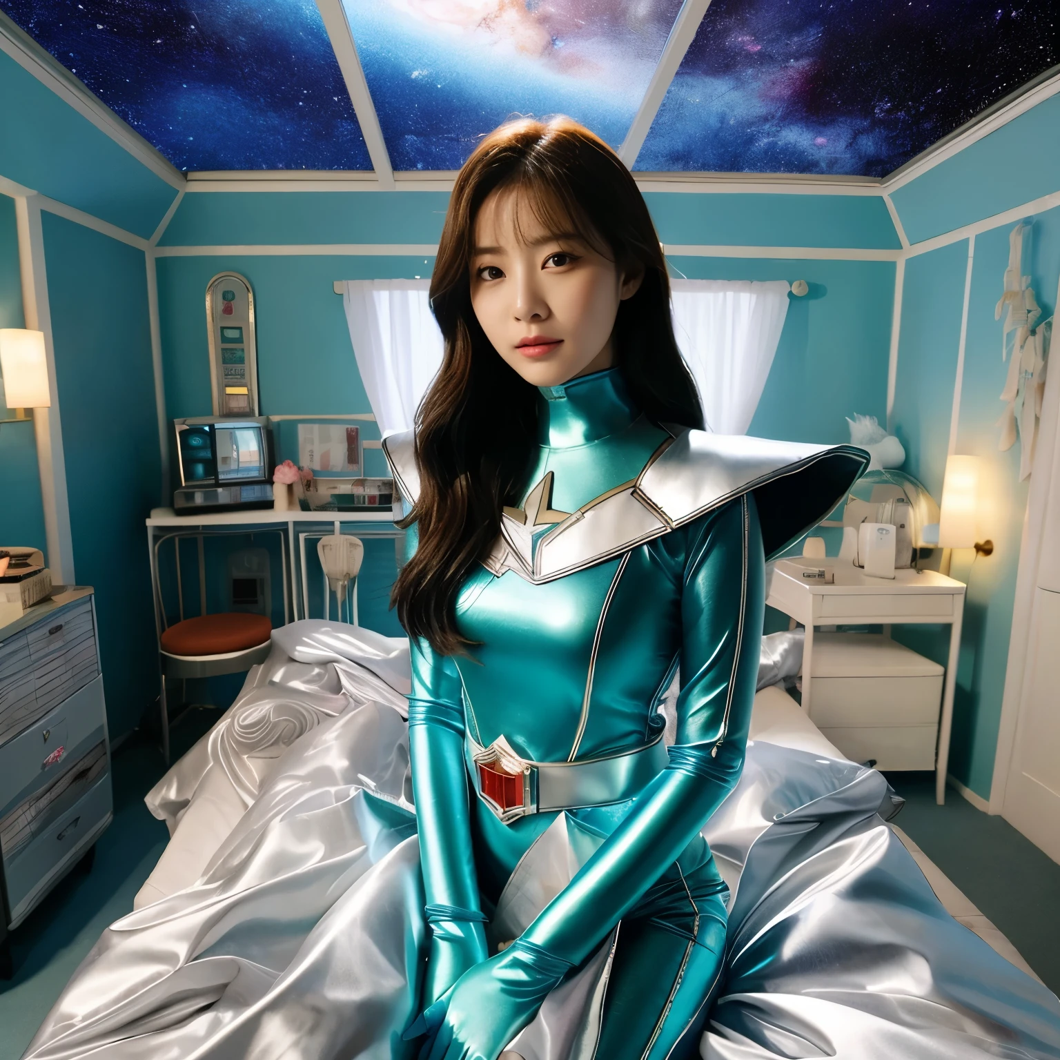 best image quality、Super high resolution、(realism:1.4)、Korean beauty star、The most beautiful KPOP star、face、Horny Korean makeup、erotic expression、A body that makes you want to touch it、Erotic photos、Realistic satin fabric texture、Costume made of stretch satin fabric that is smooth to the touch、The drape of the curved part of the satin fabric、Strong luster of costume、costume quality、8K photo quality、Costume made of high-quality satin fabric with high density、Super-class battle leather cloak with a smooth texture、Super Sentai Women&#39;s Heroine Suit、Super-class battleship shiny costumes、Texture of costumes that satin fetishists respond to、Thin, glossy stretch satin fabric、