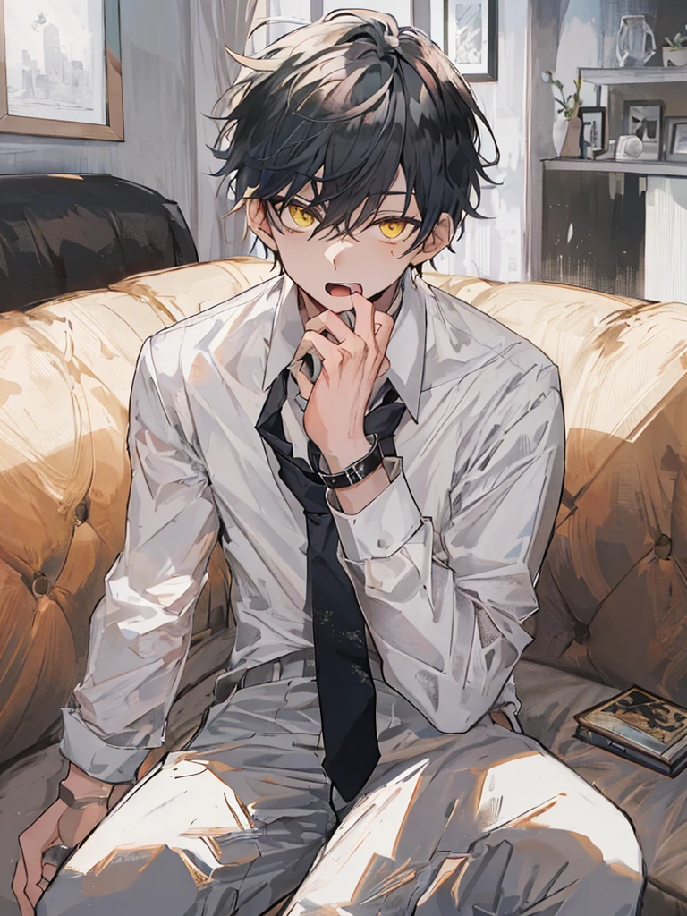 1boy, male focus, sitting, on couch, couch, crossed legs, hand on own face, white shirt, shirt, black pants, pants, necktie, indoors, solo, looking at viewer, open mouth, white hair, yellow eyes, short hair, best quality, amazing quality, best aesthetic, absurdres, year 2023