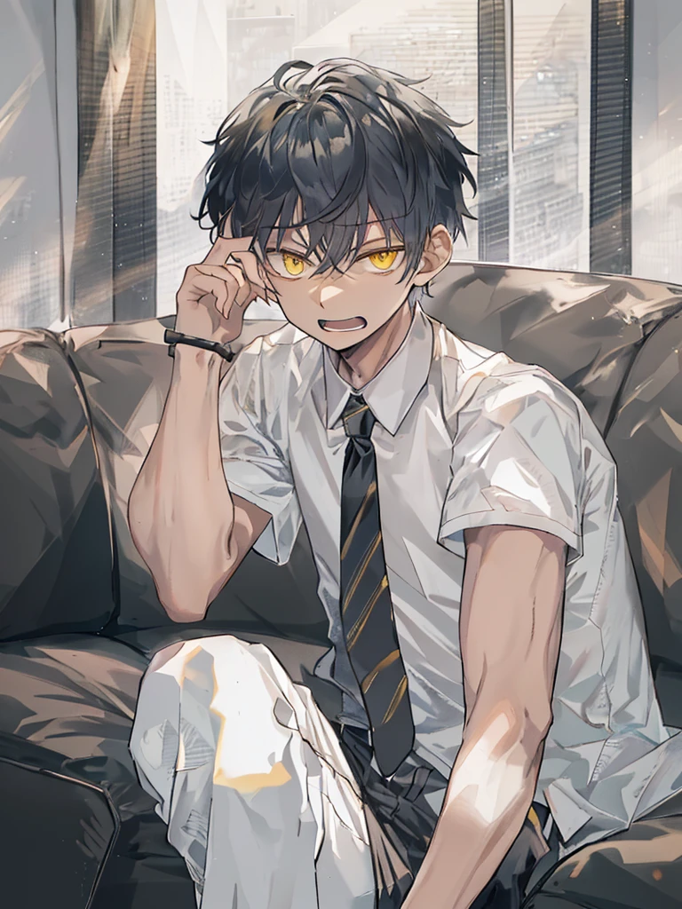 1boy, male focus, sitting, on couch, couch, crossed legs, hand on own face, white shirt, shirt, black pants, pants, necktie, indoors, solo, looking at viewer, open mouth, white hair, yellow eyes,  short hair, best quality, amazing quality, best aesthetic, absurdres, year 2023