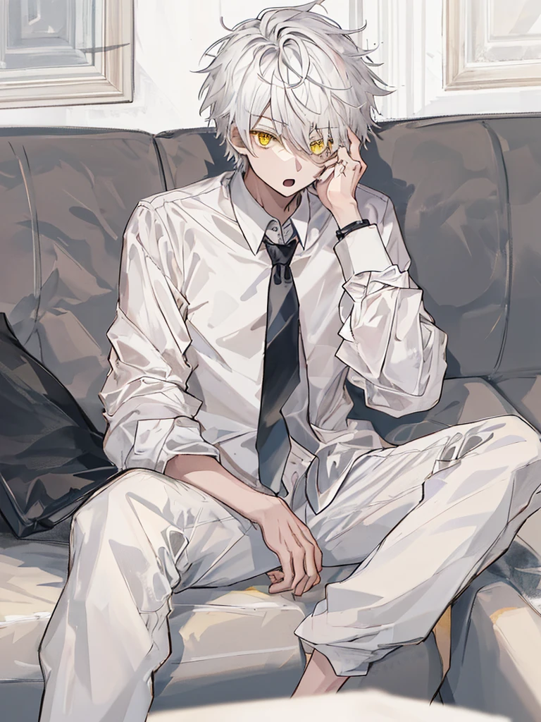 1boy, male focus, sitting, on couch, couch, crossed legs, hand on own face, white shirt, shirt, black pants, pants, necktie, indoors, solo, looking at viewer, open mouth, white hair, yellow eyes, short hair, best quality, amazing quality, best aesthetic, absurdres, year 2023