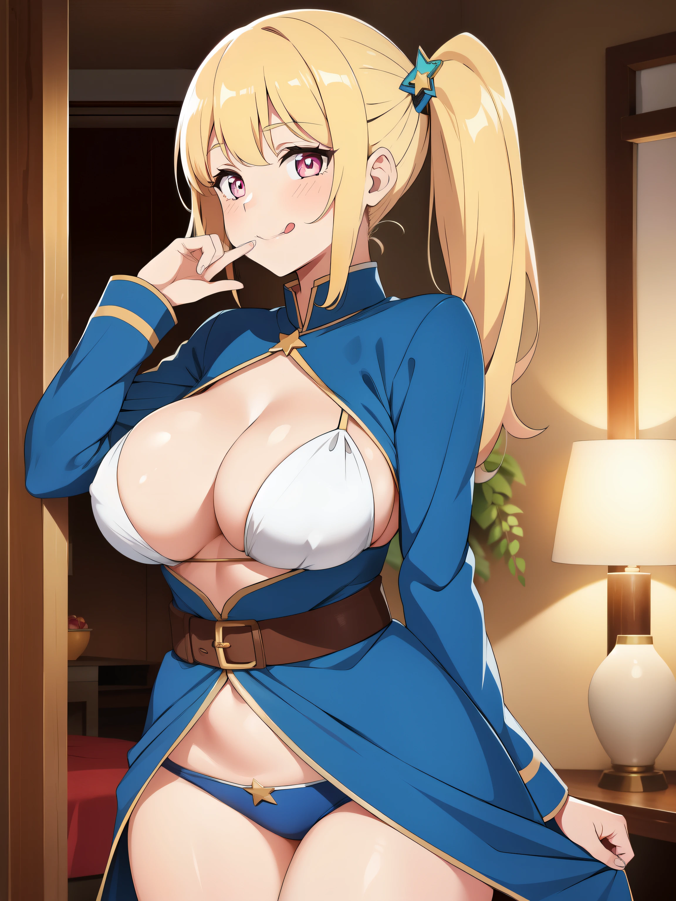harem outfit, 1 garota, rabo de cavalo lateral, Pupilas em forma de estrela, licking your lips, tiro de vaqueiro, obra de arte, alta qualidade, melhor qualidade