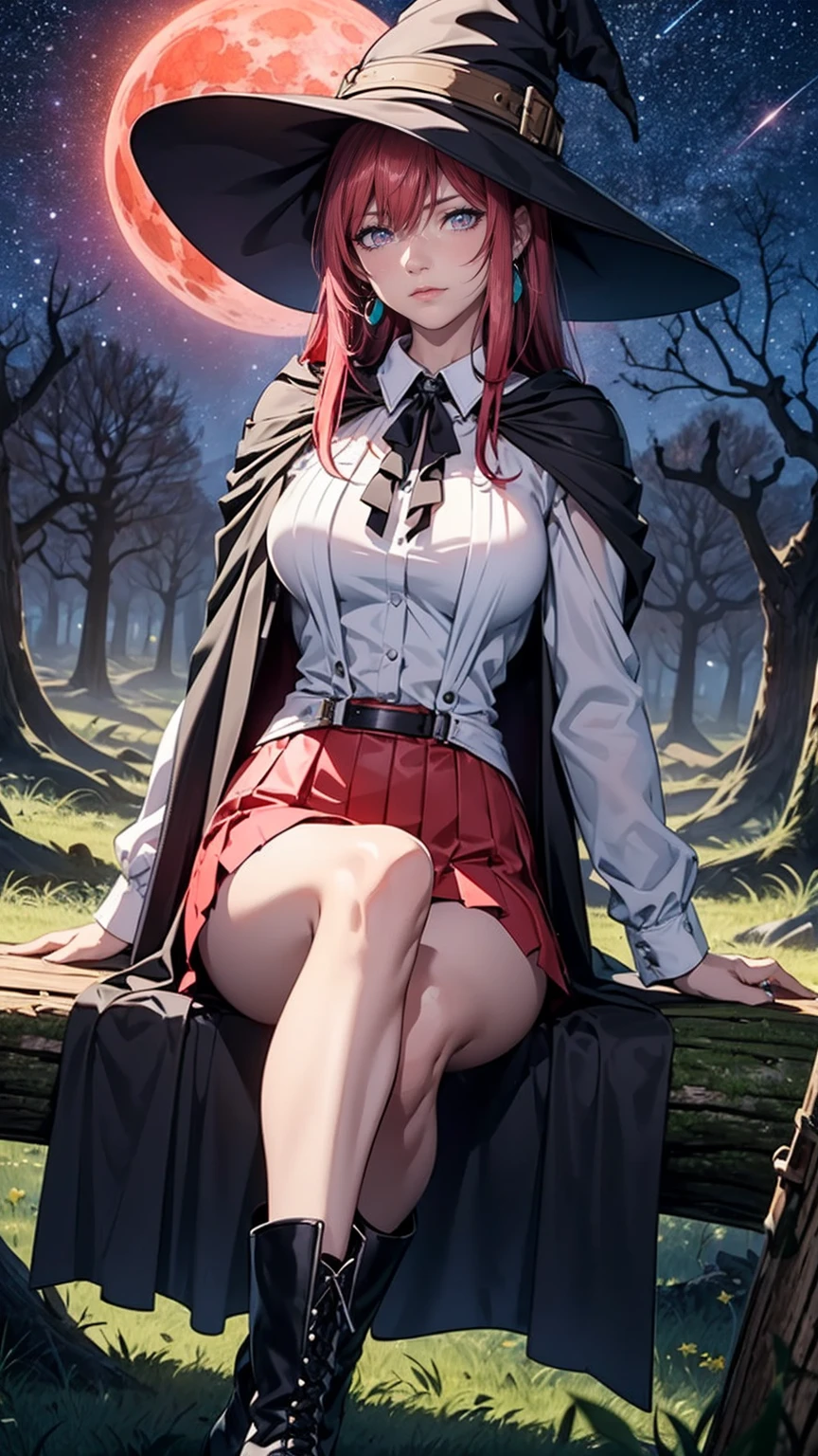 (((TakashiroHiroko, dark purple eyes), (sitting, sitting  on a tree stump), 1girls, solo, owl, witch hat, (dress shirt, white dress shirt), leather thigh-high boots, (black cloak), (pleated skirt, red skirt), night, (blood moon, starry sky), (cauldron), mana magic)), TakashiroHiroko, 1girl, mature woman, alone, cowboy shot, looking at viewer, blushing, dark purple eyes, long hair, red hair, earrings, jewelry
