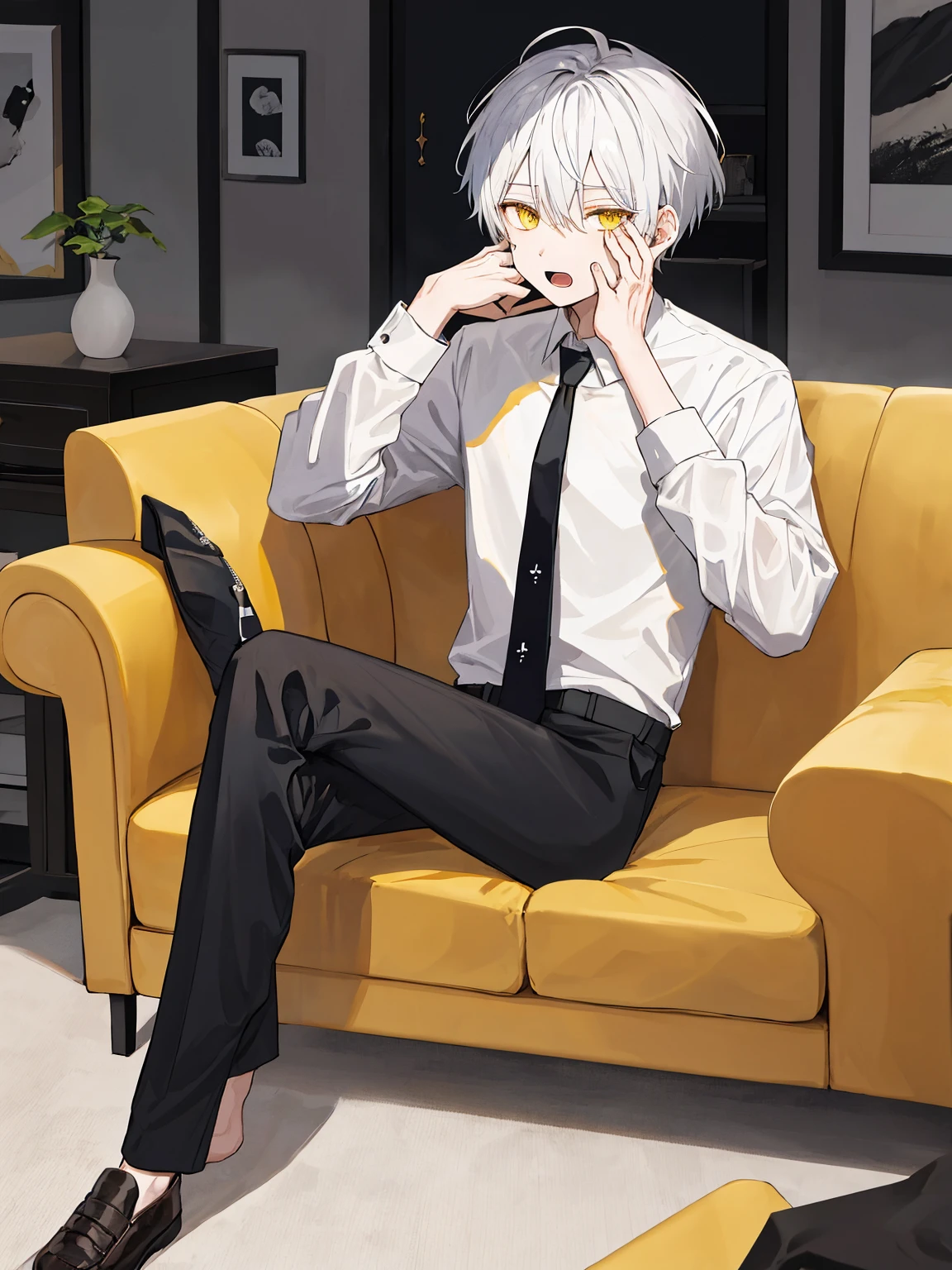 1boy, male focus, sitting, on couch, couch, crossed legs, hand on own face, white shirt, shirt, black pants, pants, necktie, indoors, solo, looking at viewer, open mouth, white hair, yellow eyes, short hair, best quality, amazing quality, best aesthetic, absurdres, year 2023