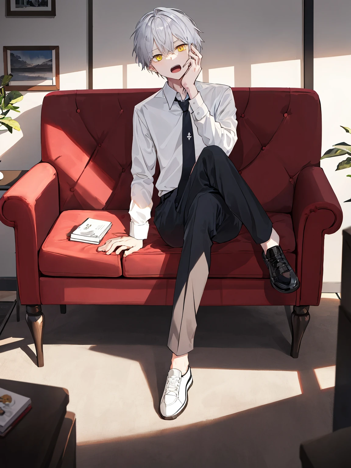 1boy, male focus, sitting, on couch, couch, crossed legs, hand on own face, white shirt, shirt, black pants, pants, necktie, indoors, solo, looking at viewer, open mouth, white hair, yellow eyes,  short hair, best quality, amazing quality, best aesthetic, absurdres, year 2023