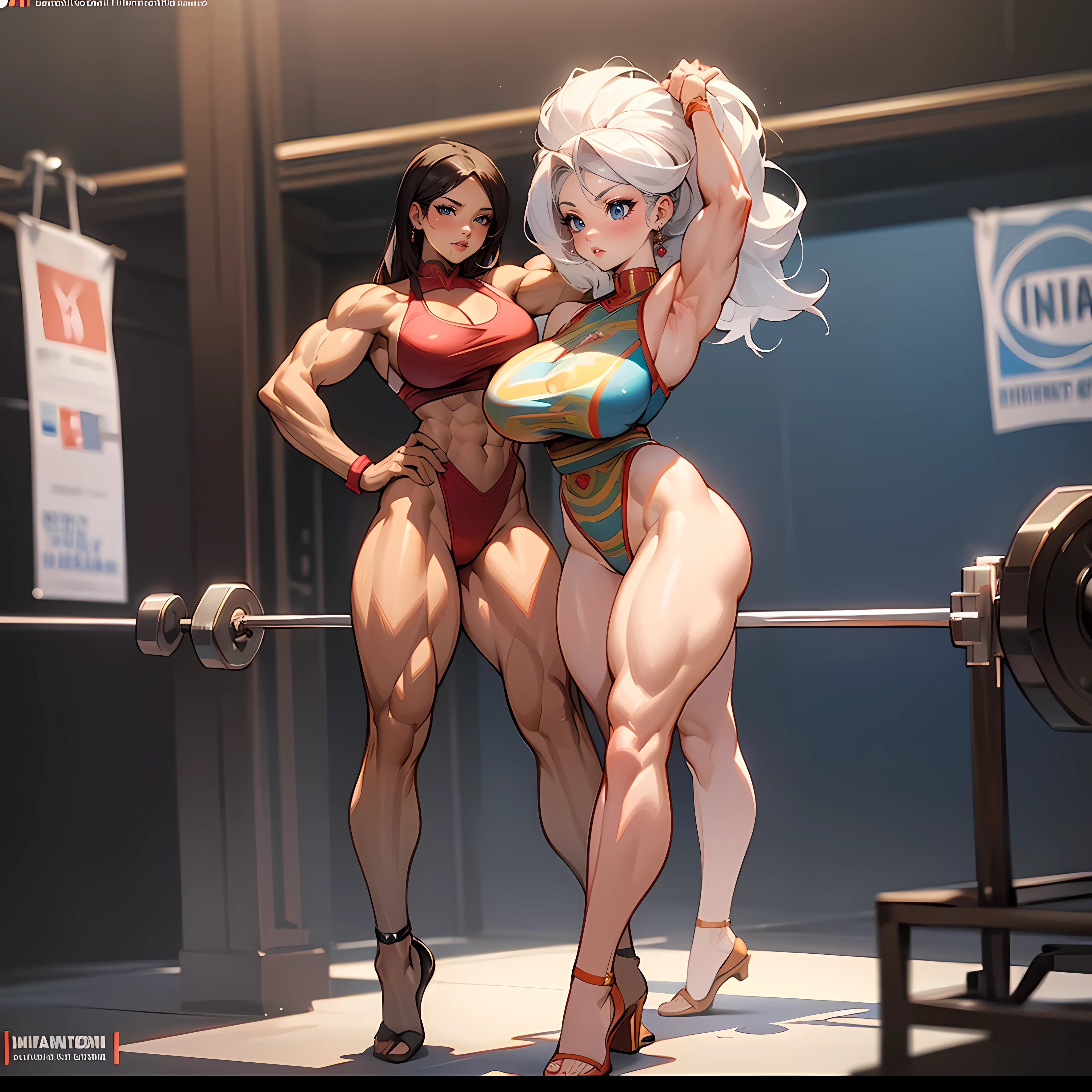 A female bodybuilder in indian attire, wide hips, (Huge breasts), long legs, (Massive Female Bodybuilder), (Muscular Legs), (Huge Muscles), broad shoulders, in a bodybuilding competition