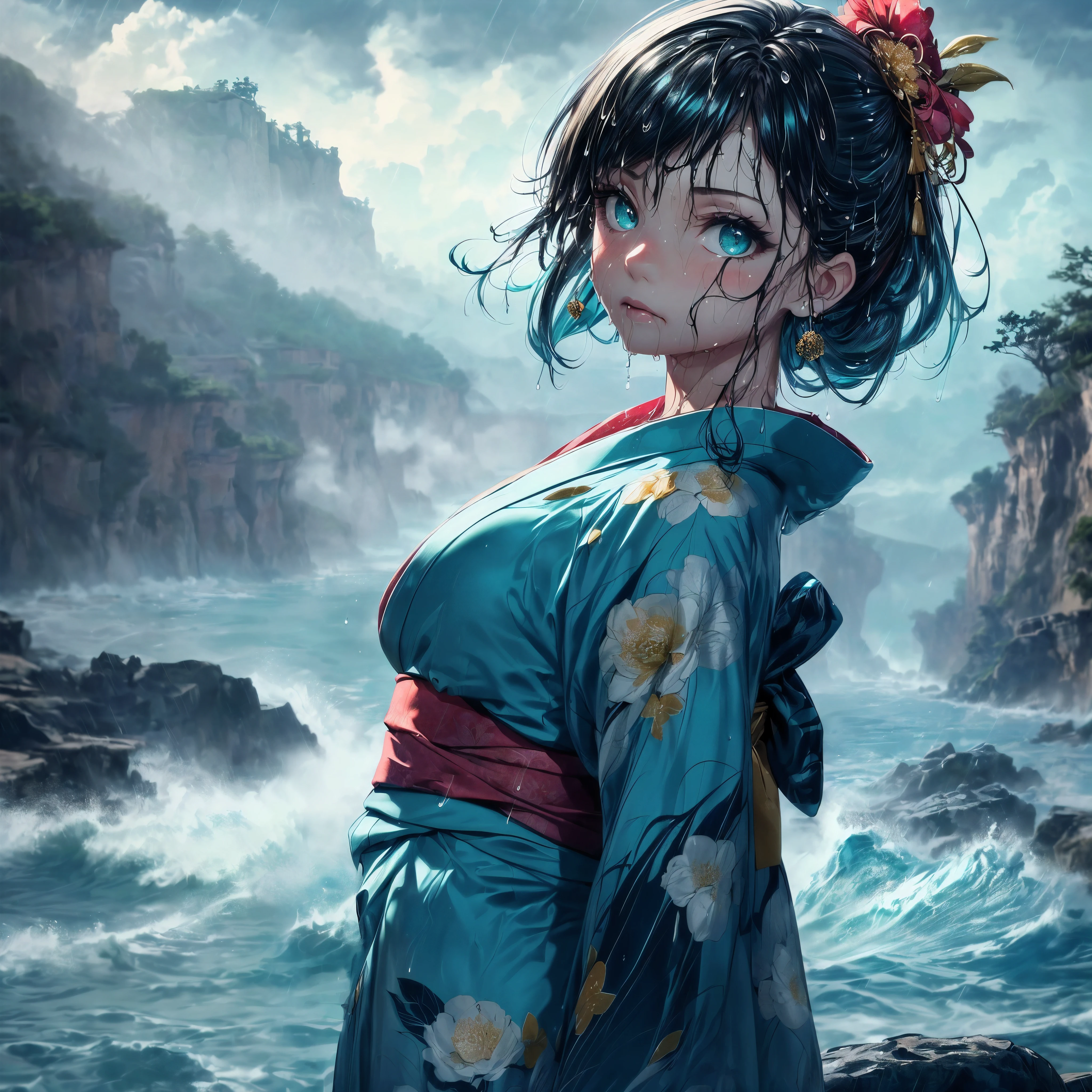 (Throw), (A 7 year old girl:1.2), (Very young little girl), (alone), ((small breasts)), bitter smile, original photo, Atmospheric distance perception, aesthetic, complex, won, cybernetic enhancement, chiaroscuro, best quality, Detailed background, (hazy atmosphere:1.2), (cloudy day),((Girl in teal 棉质kimono:1.2)), 棉质kimono, 棉质kimono, The best wrinkles, real wrinkles, best shade, strong wind, (walk through (薄雾黑暗岩石cliff)), ((It's raining, downpour, raindrop)), (real location), Exquisite and beautiful eyes, casual gesture, Detailed texture, pose, (Anatomically correct body, Detailed face, (非常Detailed texturekimono与花卉图案), (wet, wet face, Mucus wrap, ((very wet) 纹理kimono), (wet hair), (black hair), thick hair, hair accessories, kimono, Heart, outdoor, pagoda, petal, 色彩缤纷的kimono, sash, ((cliff), the sea below cliff, (rough sea, spray), Beautiful and detailed sea water),Sky, wide sleeves, yukata, ((cloudy, rainstorm))